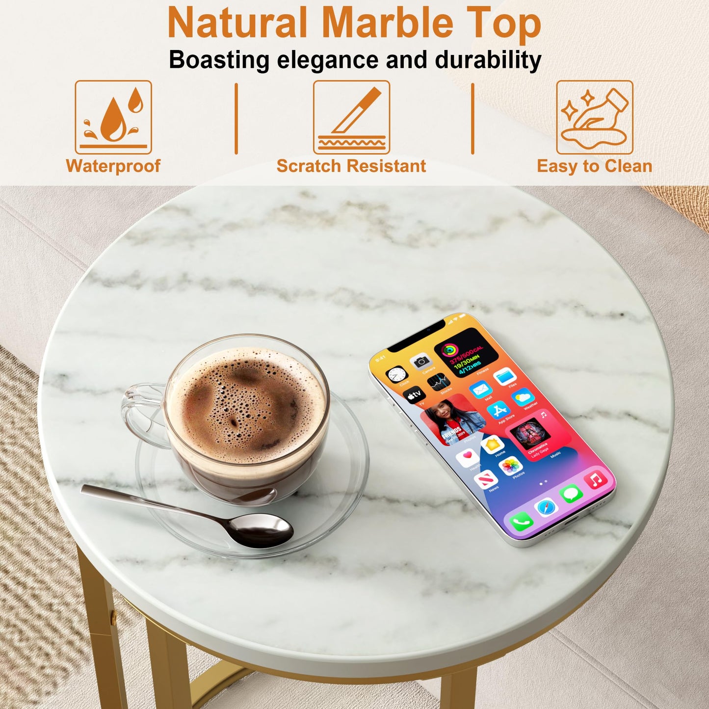 Function Home C Table End Table, Marble C Shaped Sofa Side Table, Couch Tables that Slide Under, Snack Accent Table for Living Room Bedroom Small Space, Marble Top and Gold Metal Frame