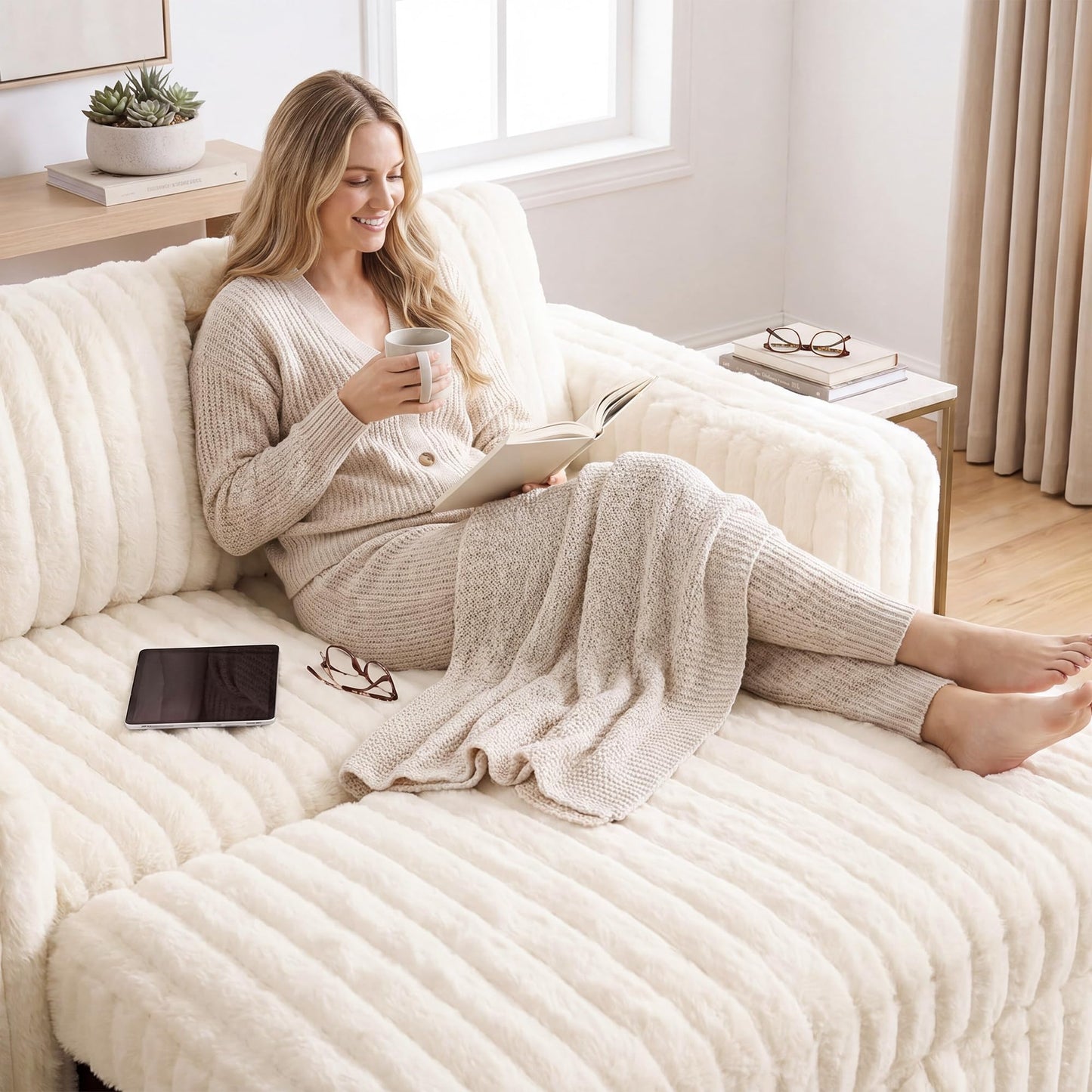 HONBAY Plush Corduroy Loveseat Sleeper Sofa,Modular Pull Out Sofa Bed,Couches for Living Room,Plush Beige