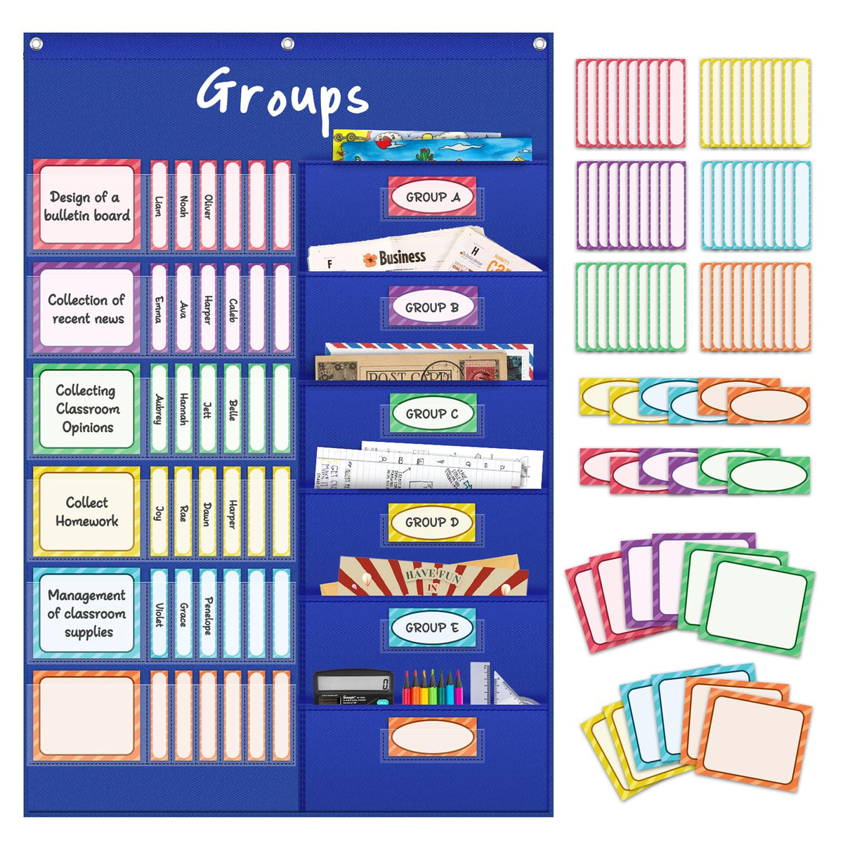 AKAYOK Small Group Pocket Chart with 84 Colorful Dry Erase Cards, Classroom Jobs Chart with 6 Pocket Wall Hanging File Folder, Pocket Chart for Classroom,Office,Home, Small Group Classroom Must Haves