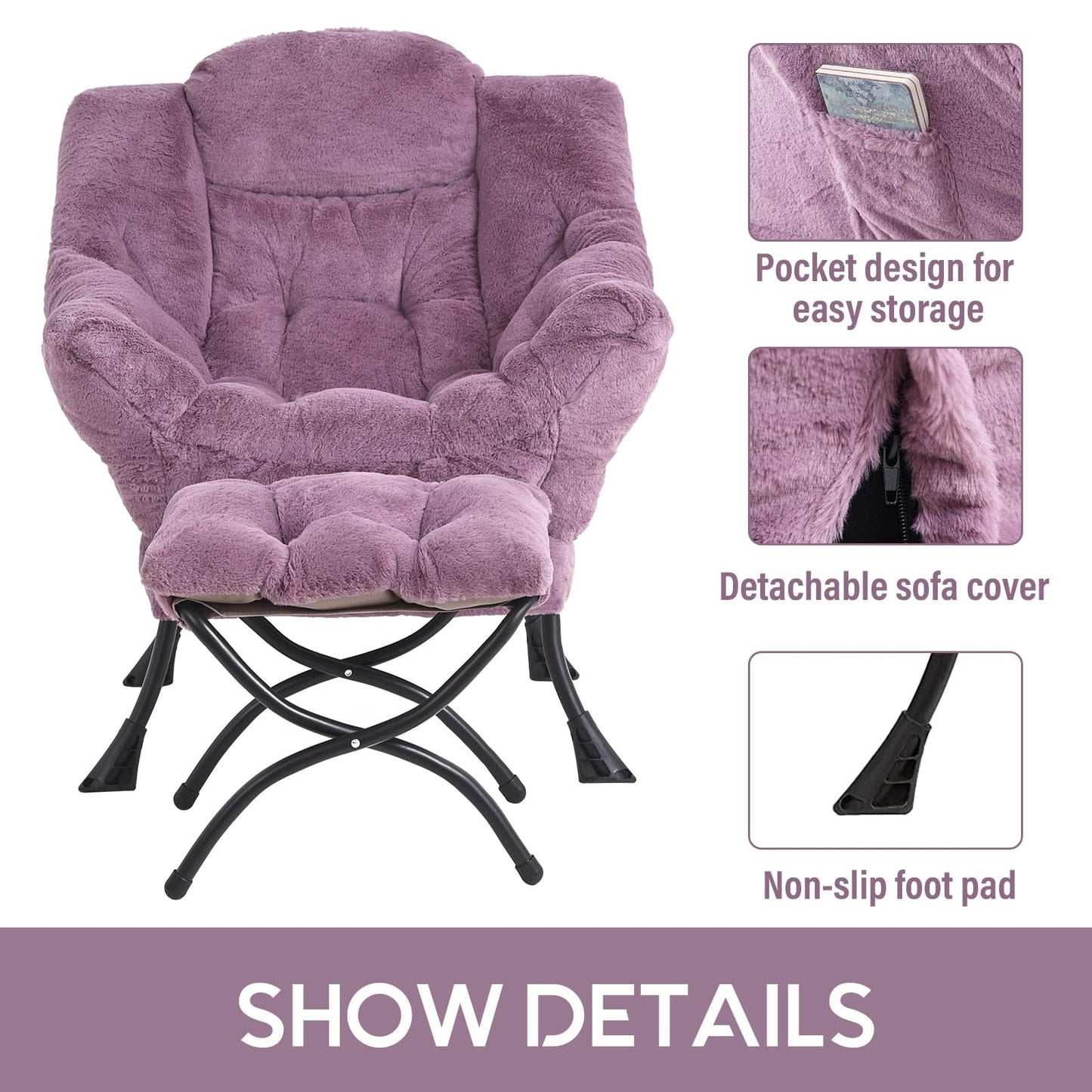 LITA Lazy Chair with Ottoman, Modern Accent Leisure Upholstered Sofa Chair, Lounge Reading Chair with Armrests and a Side Pocket for Living Room, Bedroom & Small Space