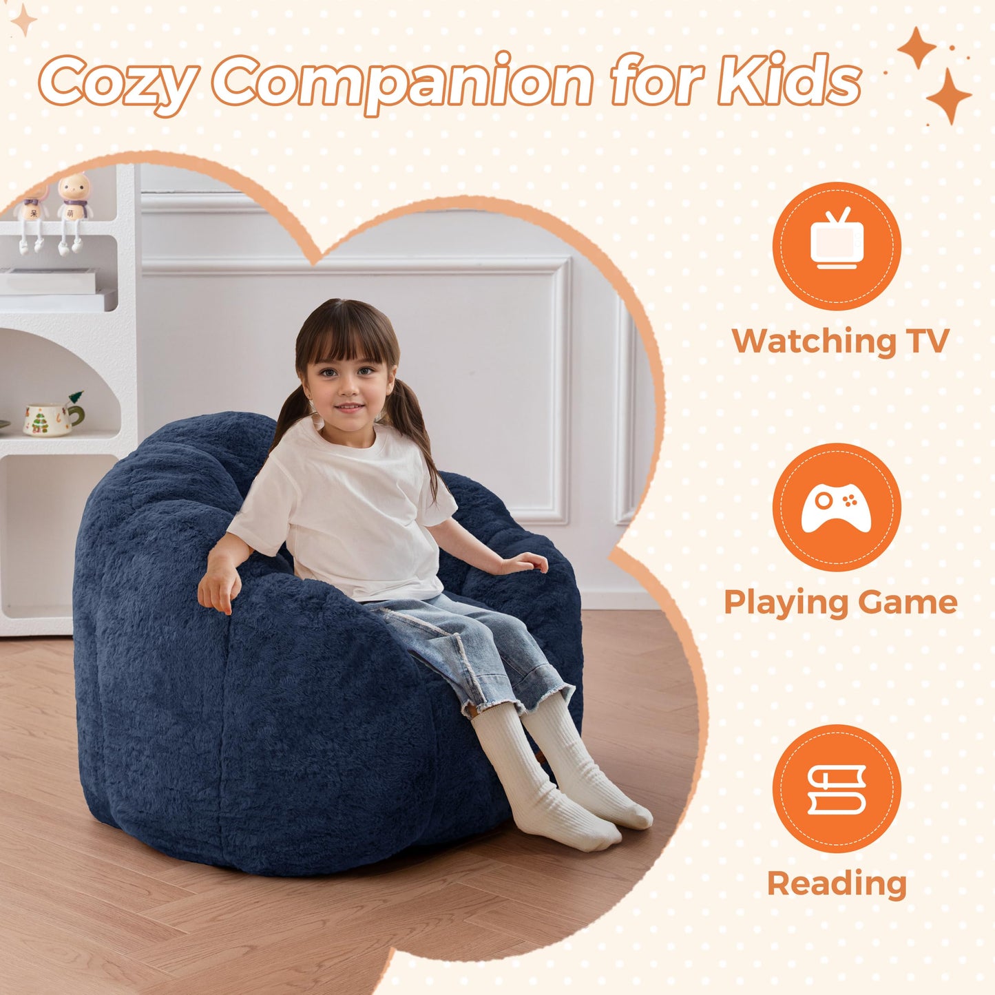 MAXYOYO Kids Bean Bag Chair, Floral Shaped Bean Bag Sofa, Plush Faux Fur Toddler Couch with Petal Backrest for Boys Girls, Stuffed Cozy Sofa for Nursery, Bedroom, Navy