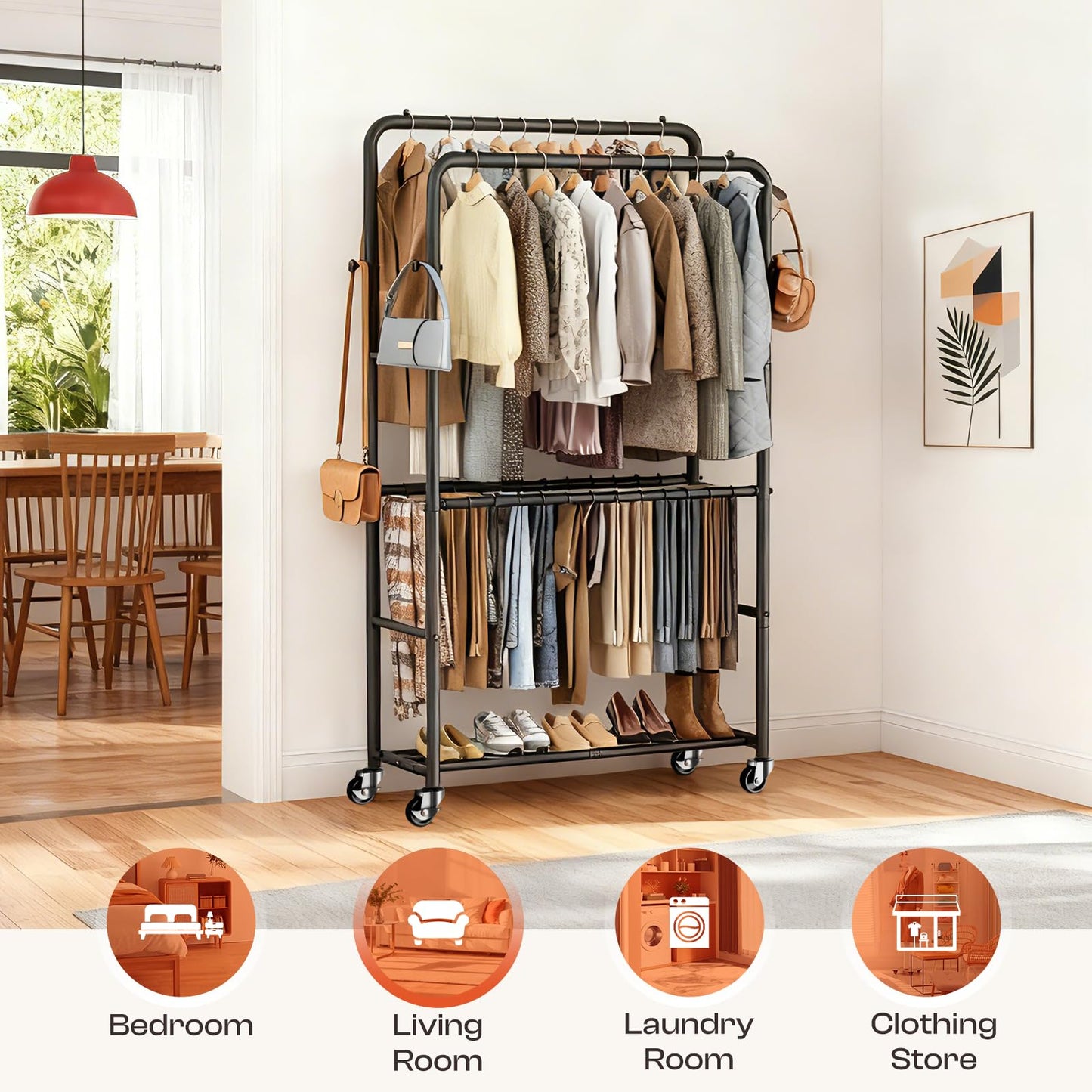 ZHKINGGS Clothes Rack - 4-Bar Double Rod Clothing Rack with 15 Pants Racks - Rolling Clothes Rack with Shelves - Portable Garment Rack for Bedroom Laundry Room Closet - Black