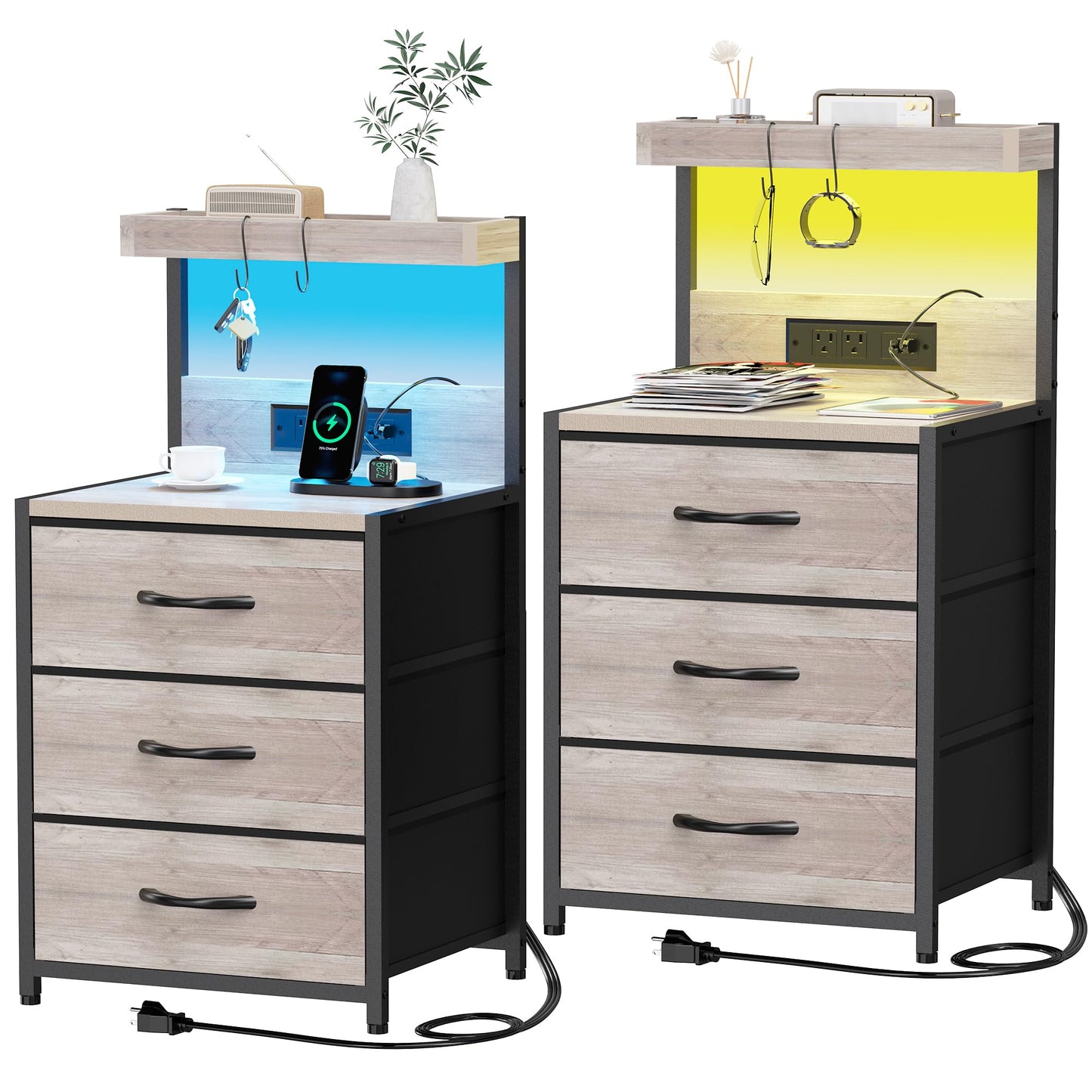 SZLHANJZ Night Stand Set 2 with LED Lights for Bedroom, Bedside Nightstands with Power Outlet and Type C Port, Matching Tables with 3 Fabric Drawers, Hooks, and Shelves, Greige