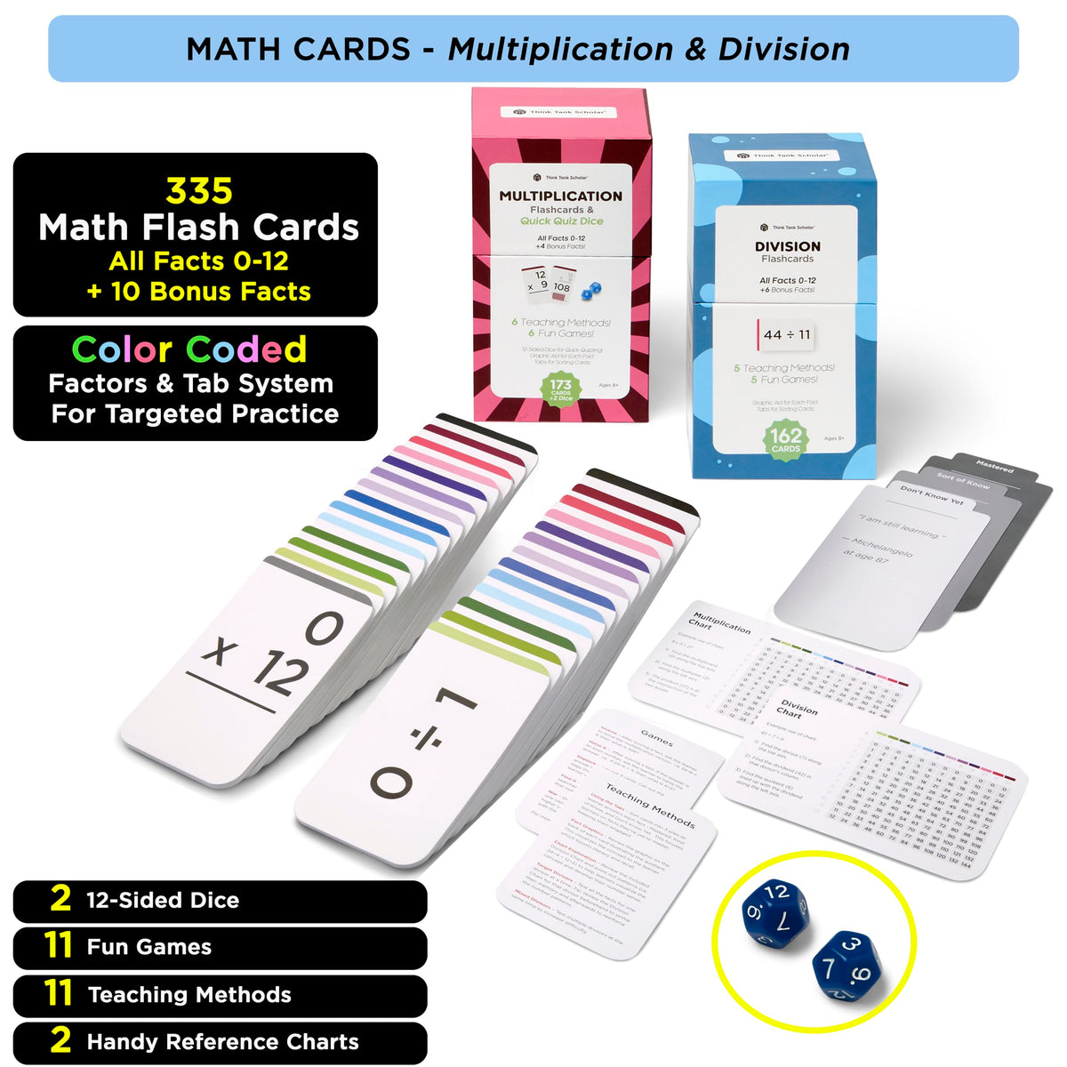 Award-Winning Math Flash Cards – 711 Multiplication & Division Facts (0–12) – Jumbo Cards (3.1” x 5.2”), Visual Aids, 2 Dice, Games, Charts & Mastery Divider Tabs – Grades 3–6 Classroom & Homeschool