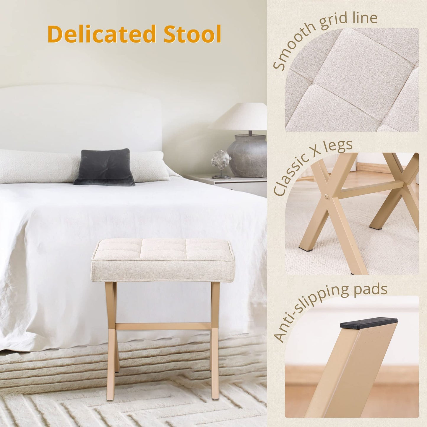 LUE BONA Square Linen Makeup Stool, Metal X Legs, Small Ottoman Stool Chair for Vanity, Modern Padded Seat Foot Rest for Makeup Room, Bathroom