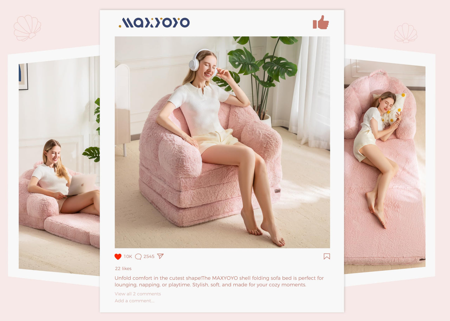 MAXYOYO Folding Sofa Bed, 2 in 1 Convertible Sofa to Lounger Comfy Single Bean Bag Chair for Adults, Floor Couch with Handle, Faux Fur Couch Bed for Living Room Bedroom, Pink