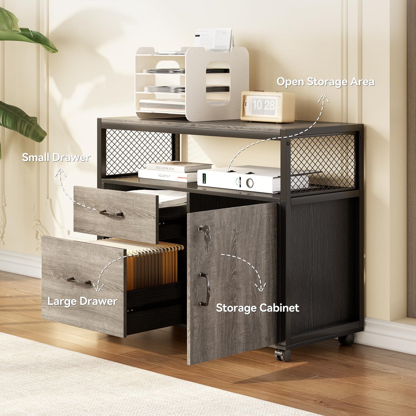 LITTLE TREE 55" Executive Computer Desk and Lateral File Cabinet, L-Shaped Office Desk with Storage for Home Office, Study Writing Workstation, Walnut + Black