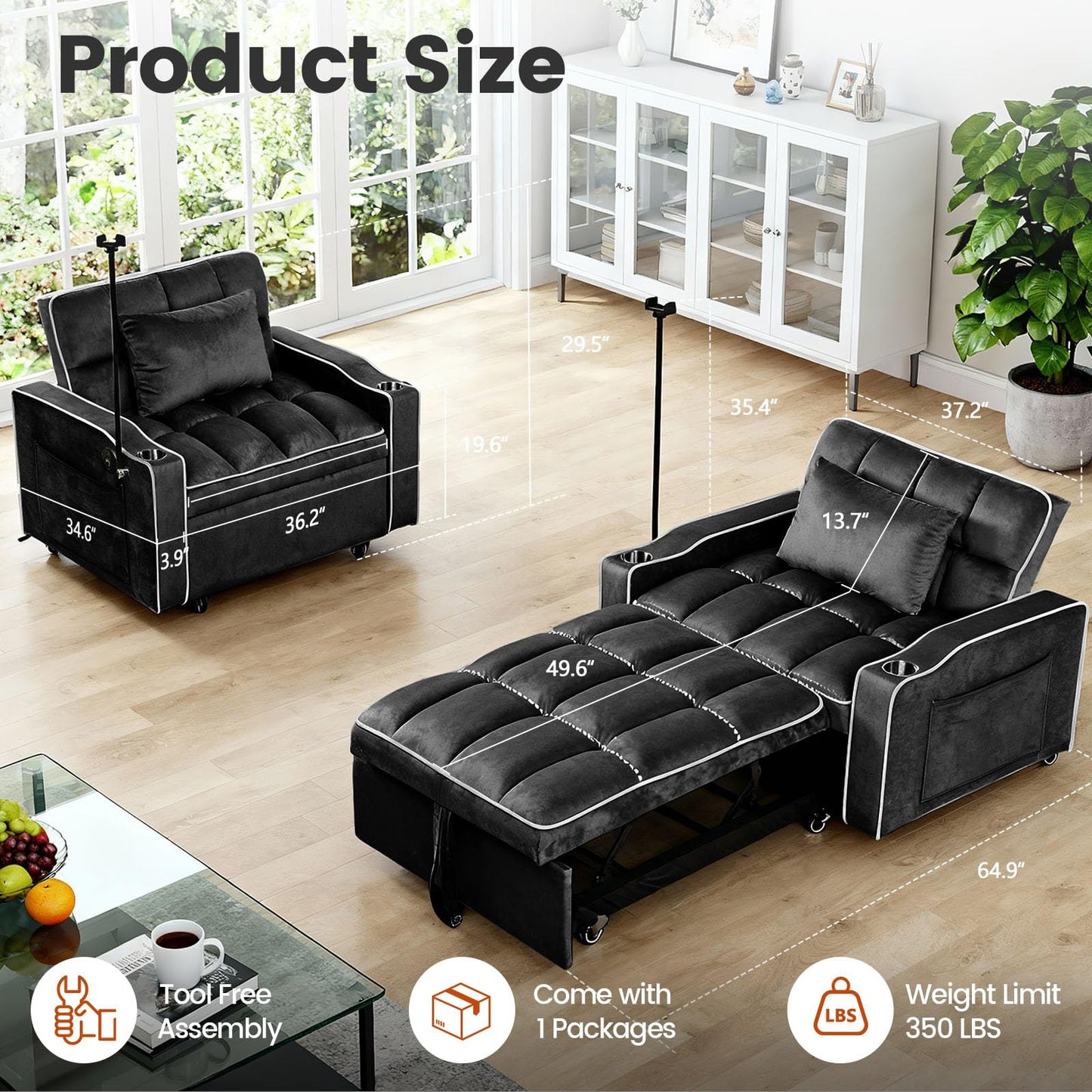 Trygoal Convertible Sleeper Chair Bed, Pull Out Chair Sleeper with Bracket and Cup Holder, Chairs Bed Sleepers for Adults, 3 in 1 Sofa Bed Chairs for Small Spaces, Living Room, Black