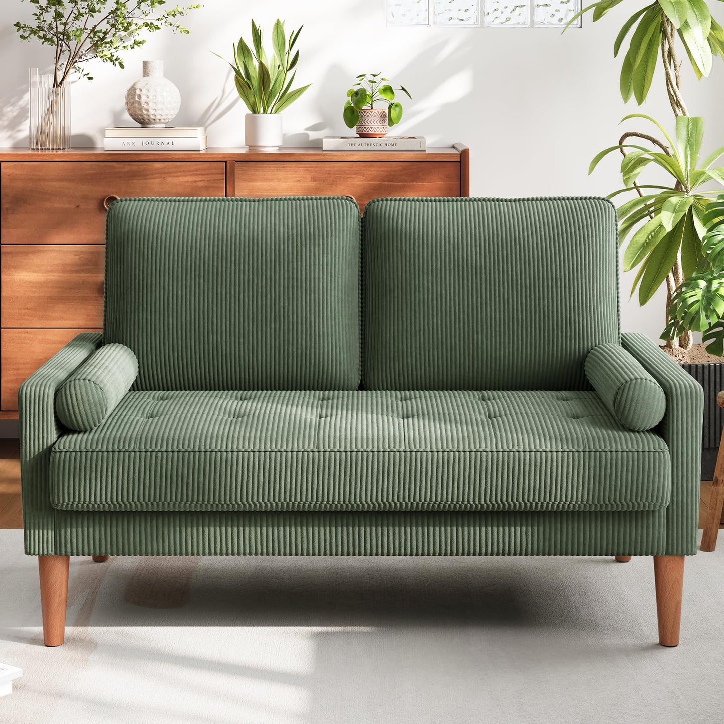 Vesgantti Loveseat Sofa with Solid Wood Legs,48" Small Corduroy Couches for Small Spaces, Mid Century Modern Love Seat for Living Room, Bedroom, Easy Assembly with Throw Pillow, Green