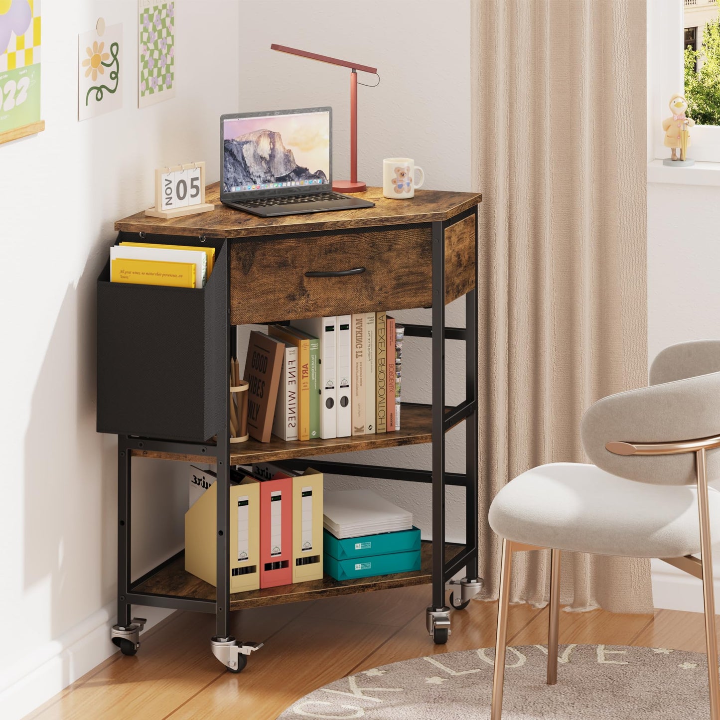 YAOHUOO Corner Printer Stand, Corner Table with Power Outlet/Storage Fabric Drawer，Printer Cart for Home Office with Height Adjustable Shelf/Side Pocket, Rustic Brown