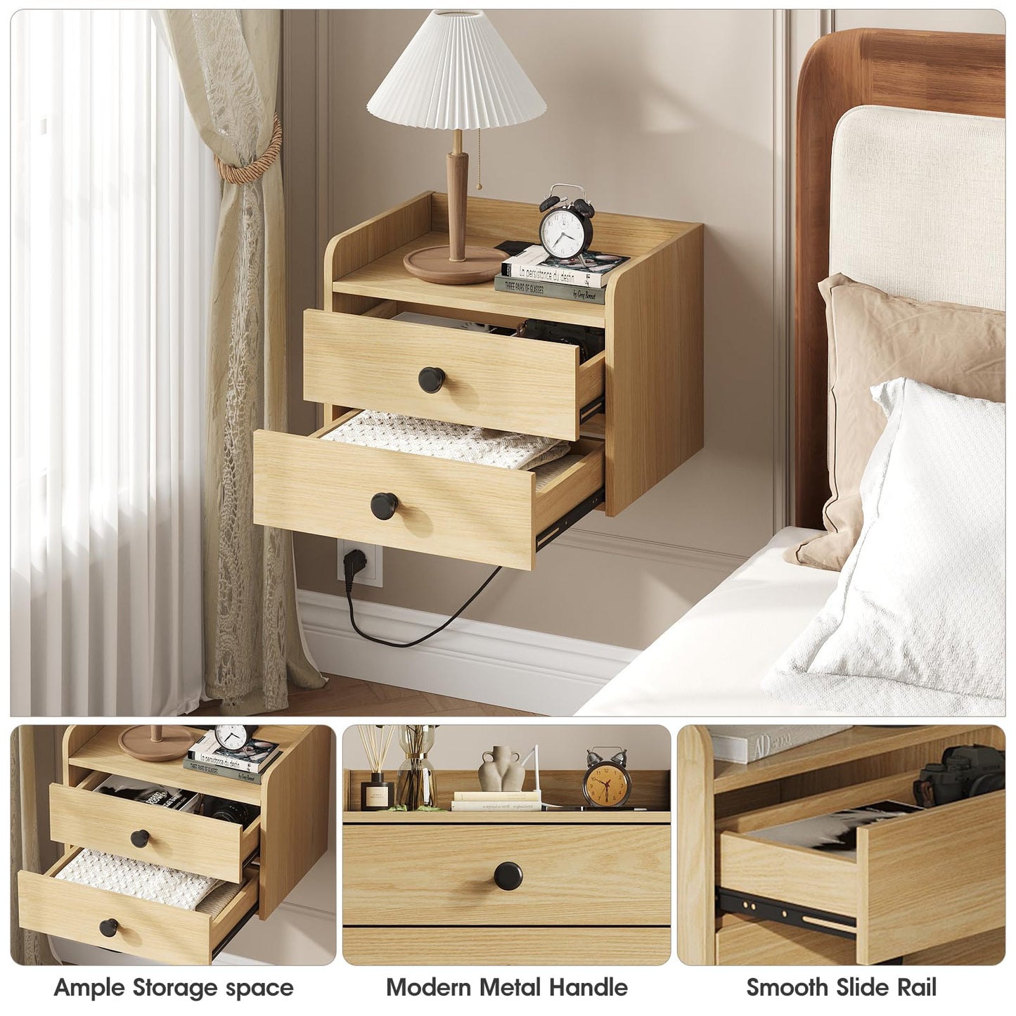 Floating Nightstand Set of 2 with 2 Storage Drawers and Charging Station Wood Wall Mounted Bedside End Table Modern Night Stands Set 2 for Bedroom,Small Space,Natural