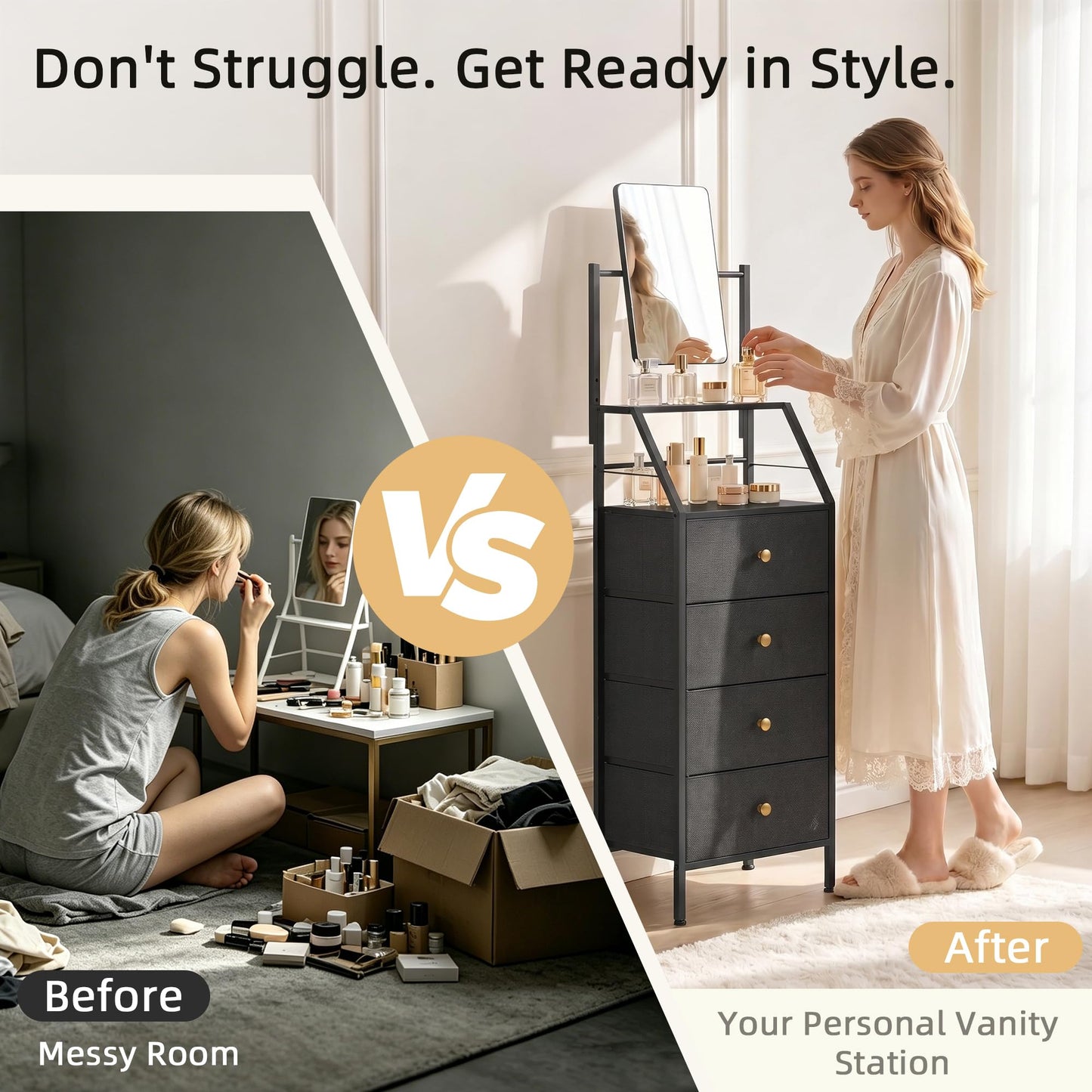 HIGDBFE 4-Drawer Dresser with Mirror, Vanity with 2-Tier Shelves, Fabric Chest of Drawers for Small Space, Vertical Storage Cabinet for Bedroom, Nightstand Bedside Table Furniture, Black, 15.3" W