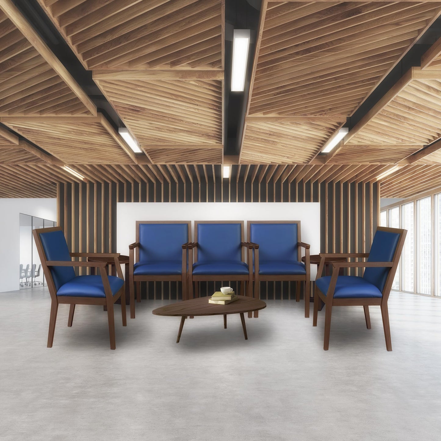 Romig Regent WallGuard Guest & Reception Waiting Room Wood Side Chair - Neo Walnut/Navy Blue Vinyl