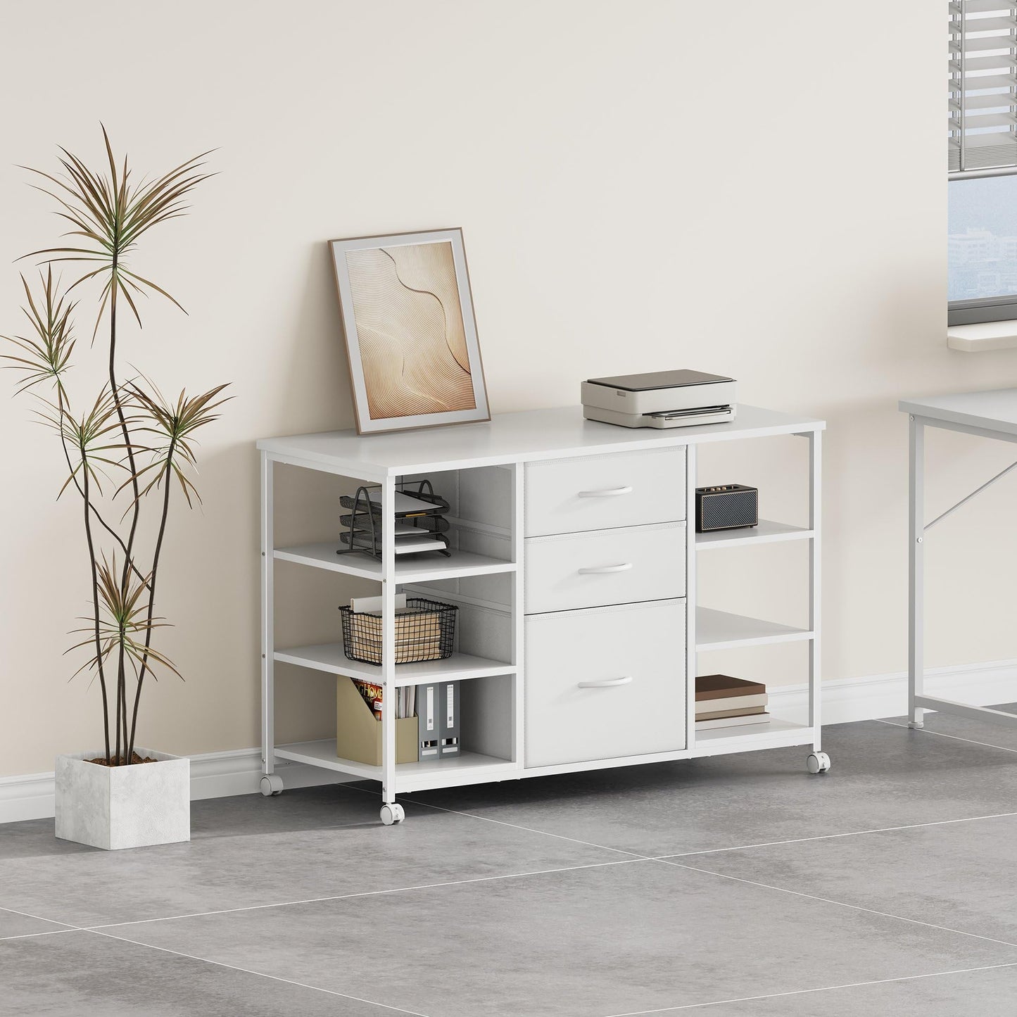 YeTom Mobile File Cabinet,Lateral Filing Cabinet with 3 Fabric Drawers,Rolling Printer Stand with 4 Open Storage Shelf for Home Office, White