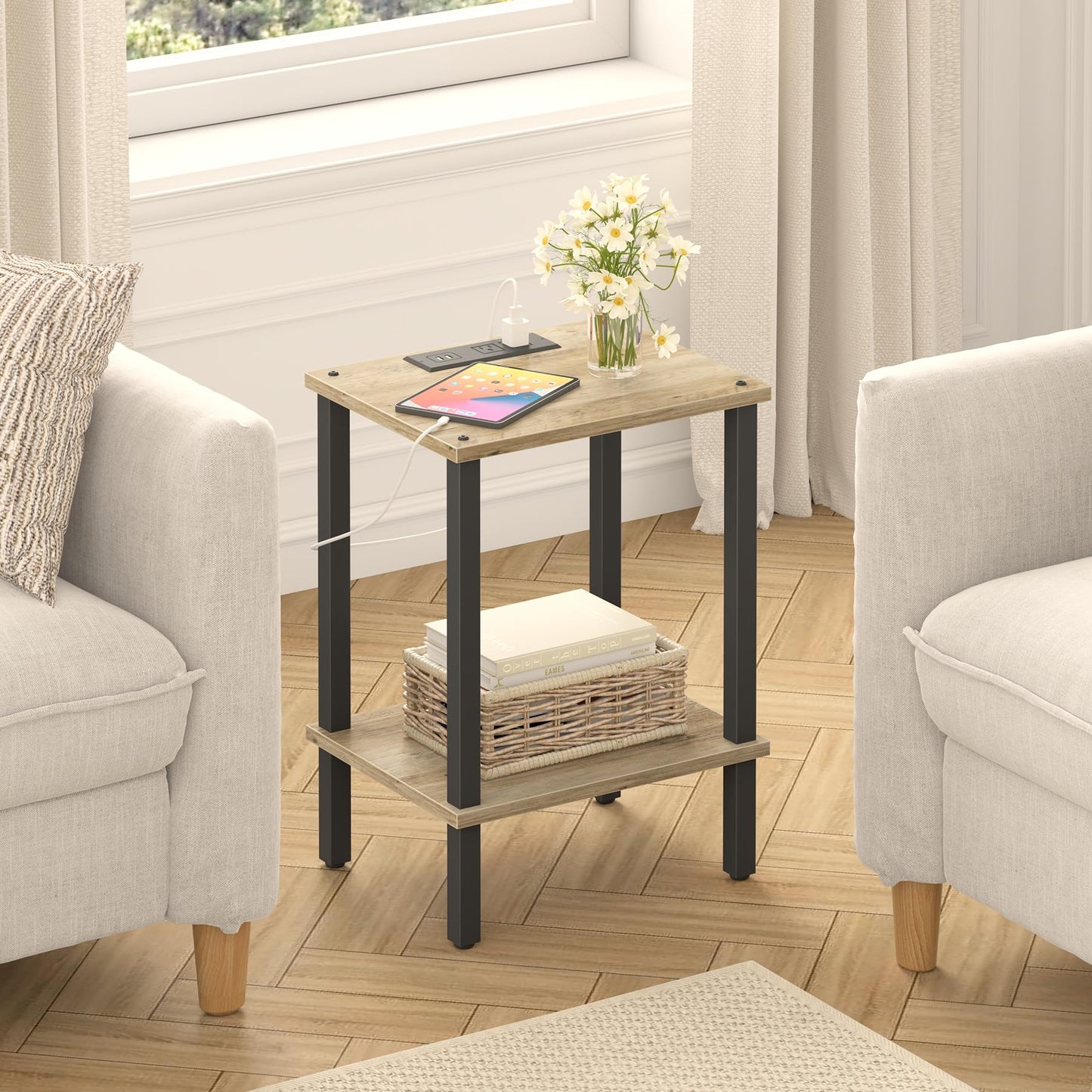 TUTOTAK End Table with Charging Station, Small Side Table with Outlets, Nightstand Bedside Table, 2-Tier Storage Shelf for Small Space, Living Room, Bedroom, Greige TB01BG040