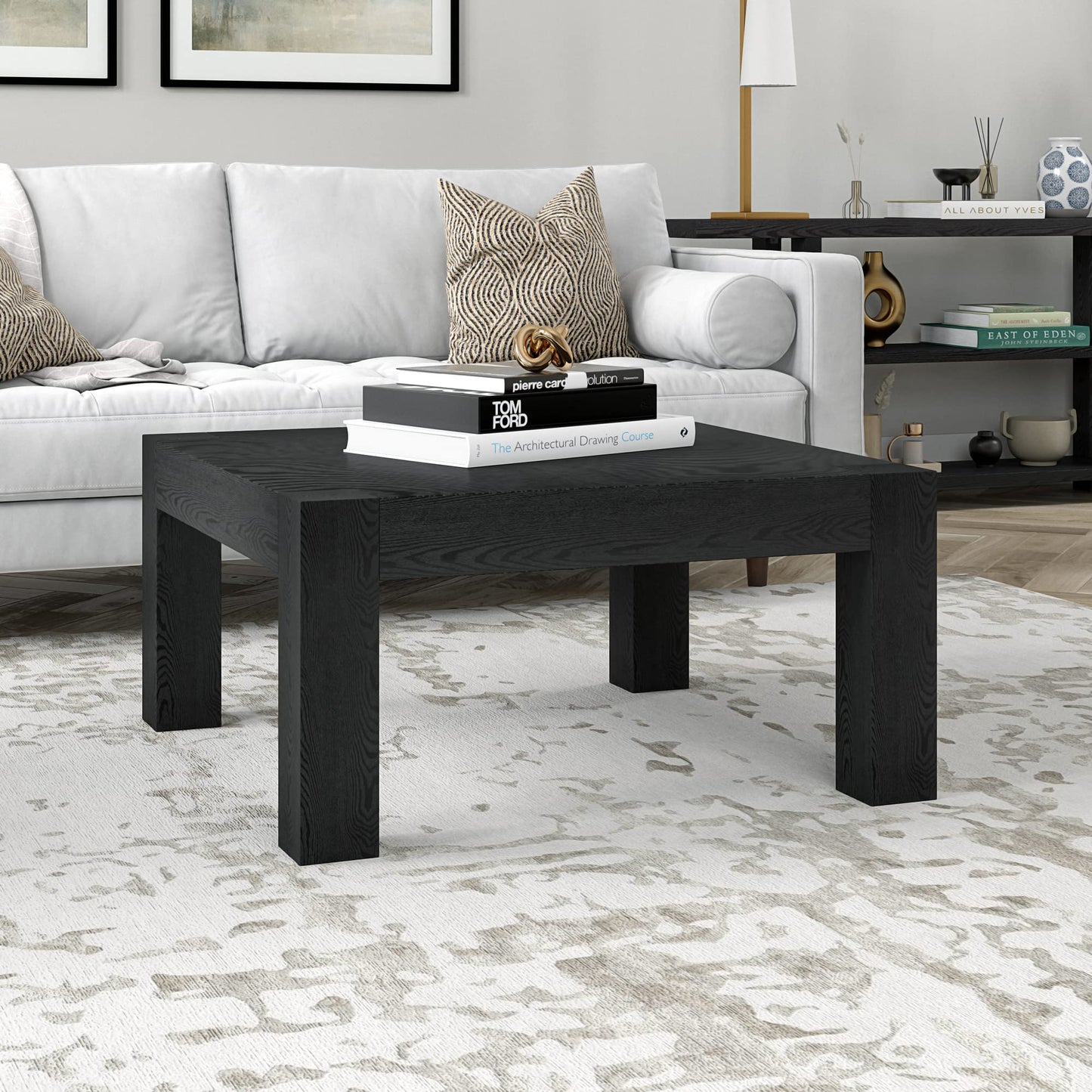 Henn&Hart 34" Square Coffee Table with Wood Top for Living Room, Family Room, Office, or Apartment, Natural Black