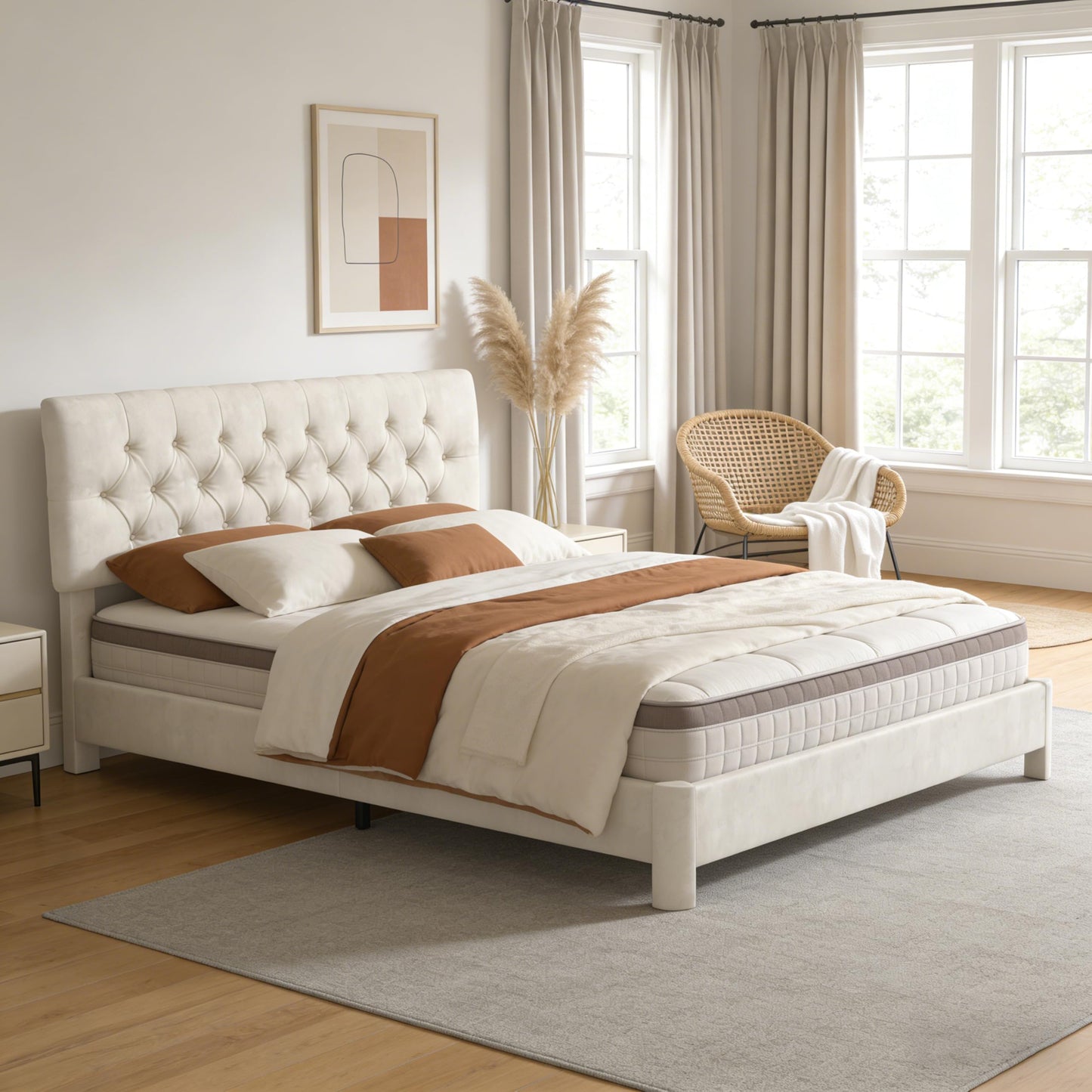 Queen Size Bed Frame with Headboard, Luxury Velvet Fabric Upholstered Bed frame with Button Tufted Design, Strong Wooden Slats Support - Low & Sturdy, Noise-Free, No Box Spring, Easy Assembly, Beige