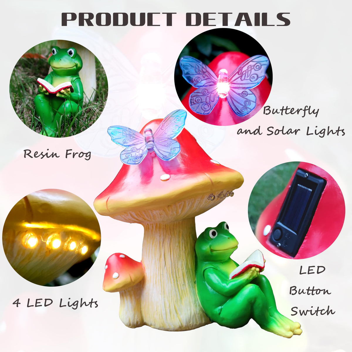 RCTTICUU Solar Frog Mushroom Garden Statues,Statuettes of Resin Frog Mushroom Reading a Book Figurine with LED Solar Lights, Lawn Decor Outdoor Statue for Patio,Balcony,Yard,Lawn Ornament