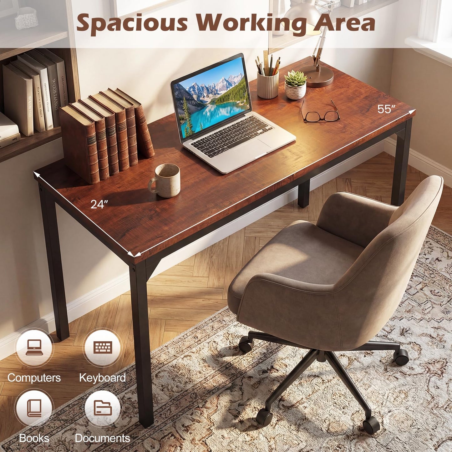 Giantex Conference Table, 55" L x 24" W Large Meeting Table, Rectangular Computer Desk with Strong Metal Frame for 4-6 People, Modern Seminar Table for Office Conference, Brown (1)