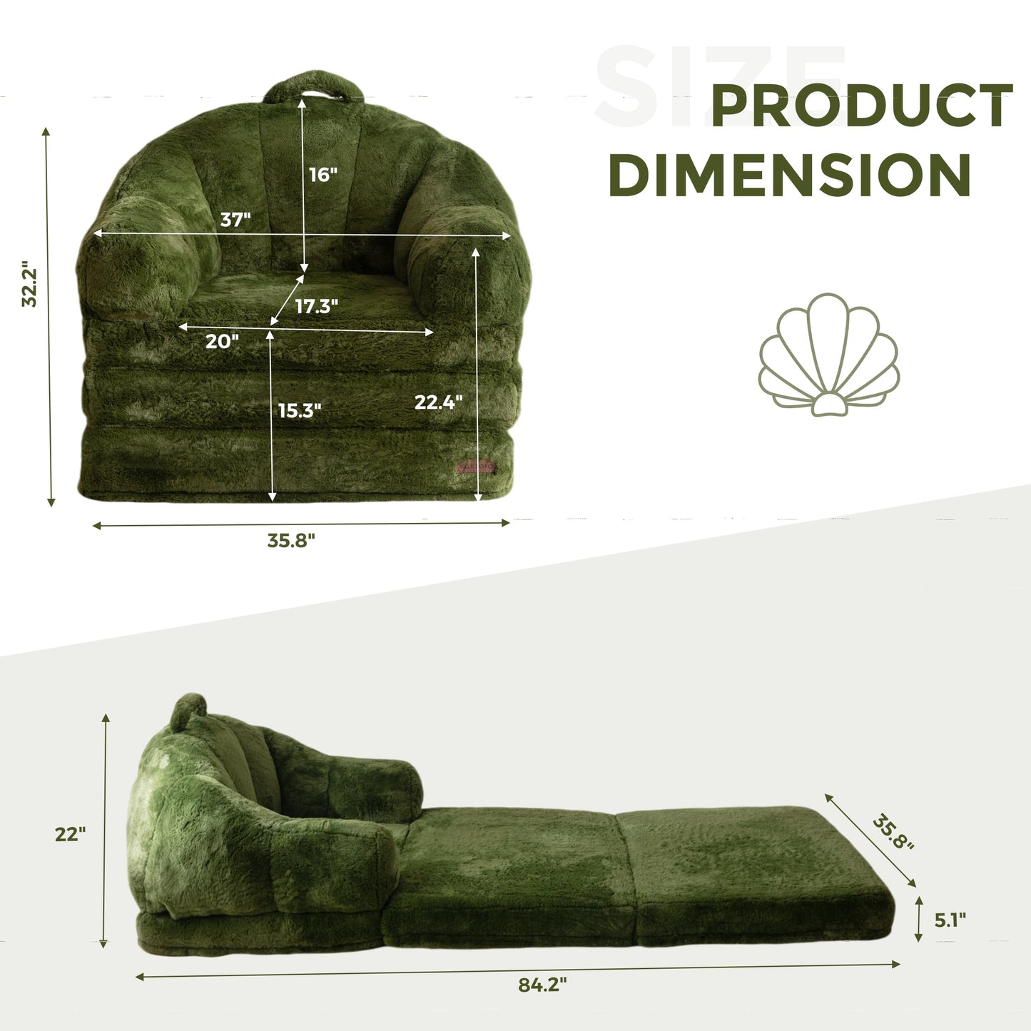 MAXYOYO Folding Sofa Bed, 2 in 1 Convertible Sofa to Lounger Comfy Single Bean Bag Chair for Adults, Floor Couch with Handle, Faux Fur Couch Bed for Living Room Bedroom, Green