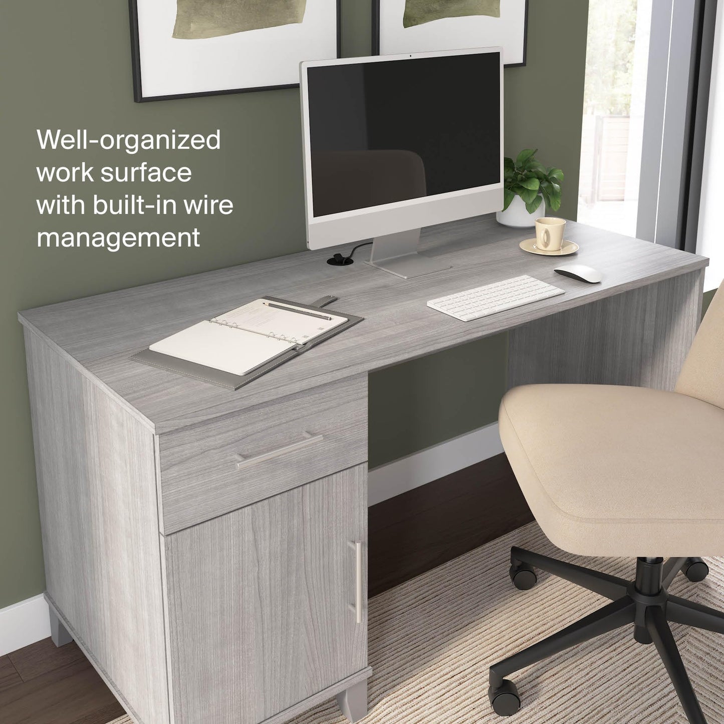 Bush Home 54-Inch Office Desk with Drawer and Storage Cabinet, Computer Desk with Box Drawer and Adjustable Shelf, Home Office Workstation Furniture, Somerset Collection, Platinum Gray