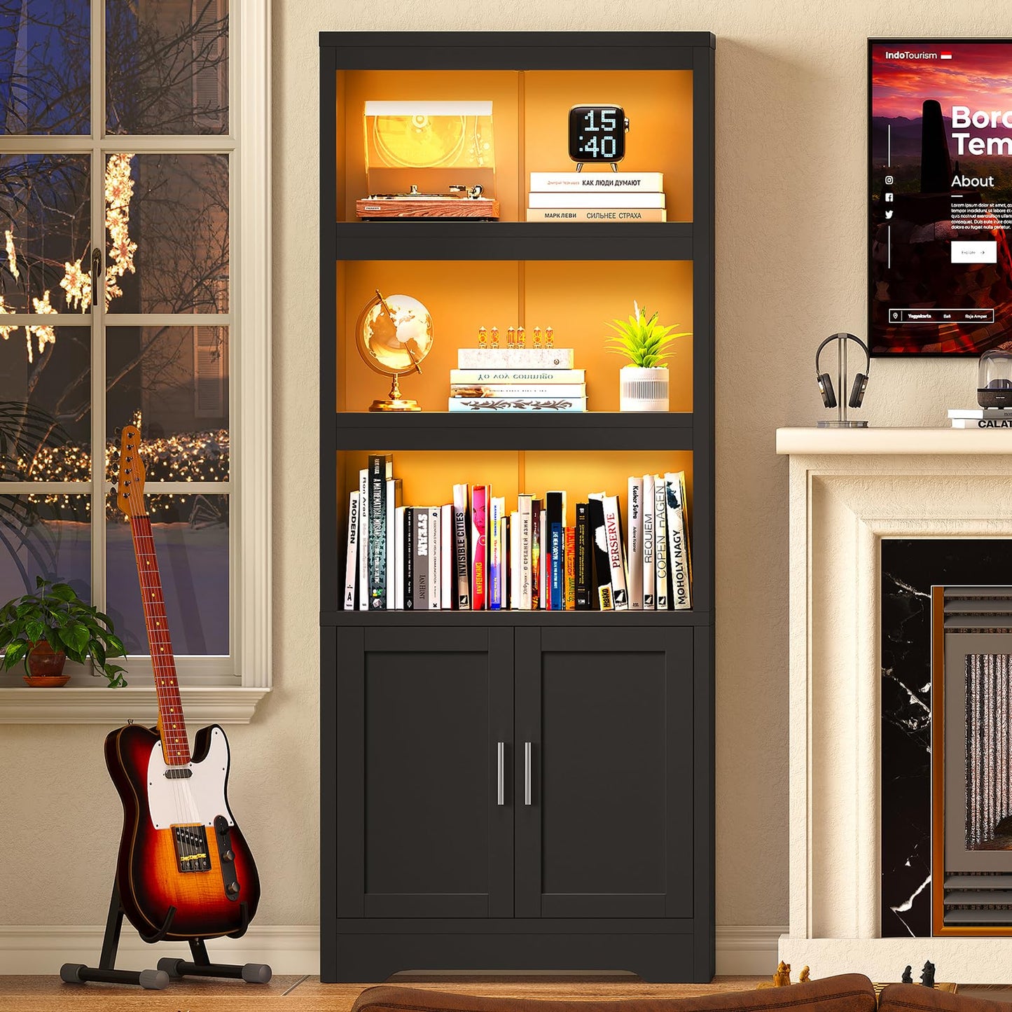 Book Shelf and Bookcase with Doors, 5-Tier Display Storage Cabinet with Adjustable Shelves, Open Compartments, Remote Control LED Lights, Tall cabinet for Bathroom Kitchen Living Room, Home Office
