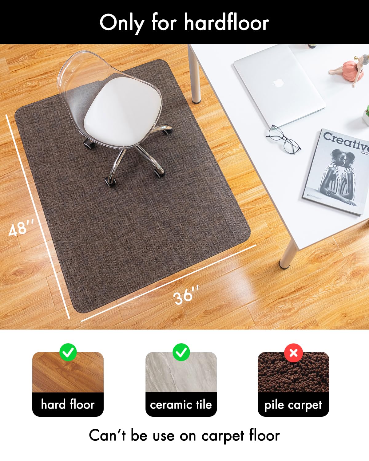 Baroyal Office Chair Mat for Hardwood Floor Under Desk Computer Rolling Chair Mat for Wood/Tile Floor Non-Slip Heavy Duty Desk Rug PVC Plastic Hard Floor Protector 36" x 48" (Dark Walnut)
