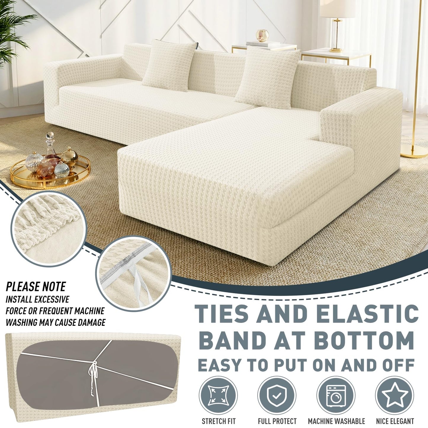 ZNSAYOTX Stretch Sectional Couch Covers New-Houndstooth Texture, Thick Slipcovers with Elastic Bottom for L Shape Sectional Sofa, 2 Pcs Pet Friendly Universal Protector (Sofa or Chaise), Beige