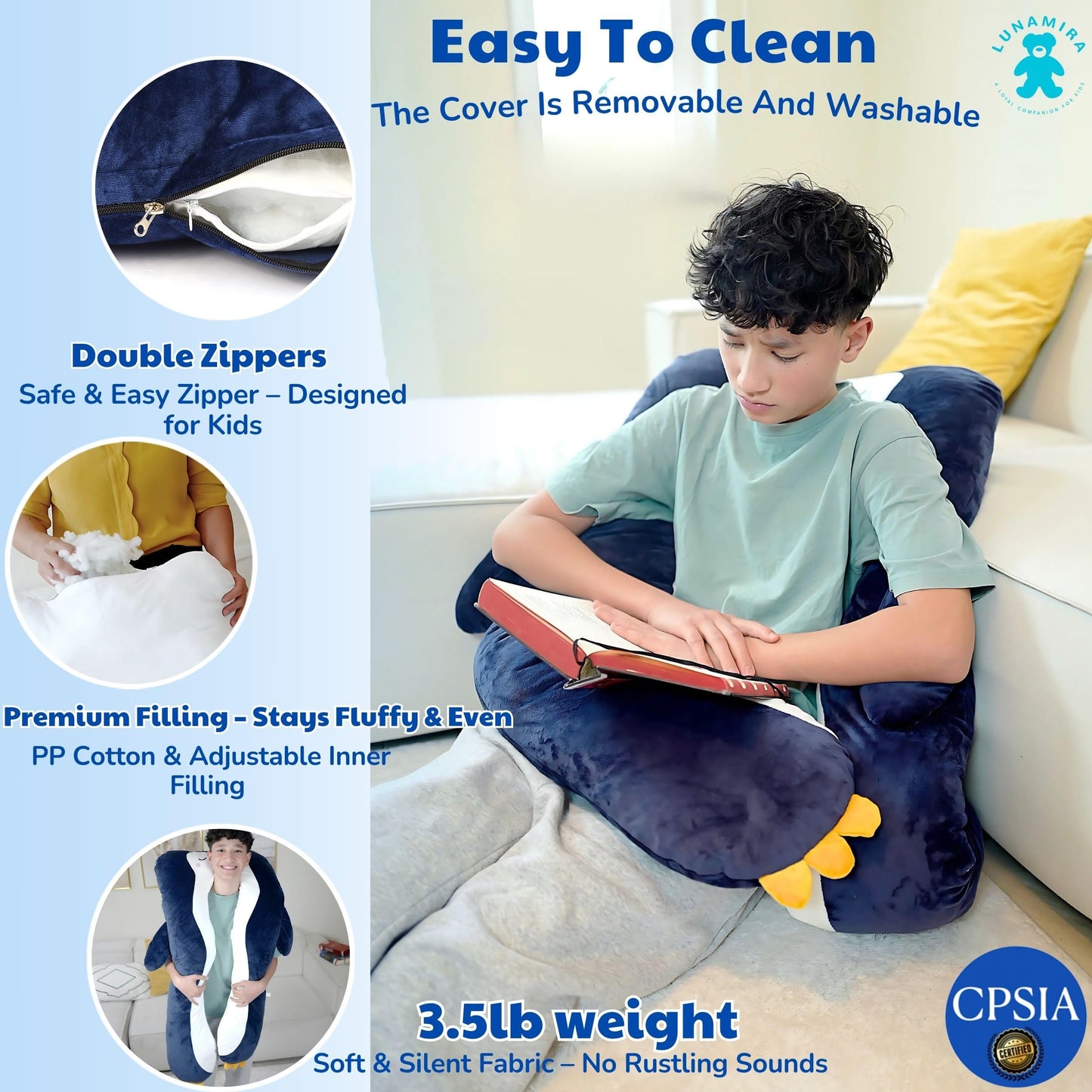 LUNAMIRA Penguin Kids Body Pillow - 47" U-Shape Long Plush Animal Pillow for Kids, Sleeping, Reading, ADHD & Special Needs Comfort, Anxiety, Washable Cover, Snuggle Fun Cuddle Gift for Boys & Girls