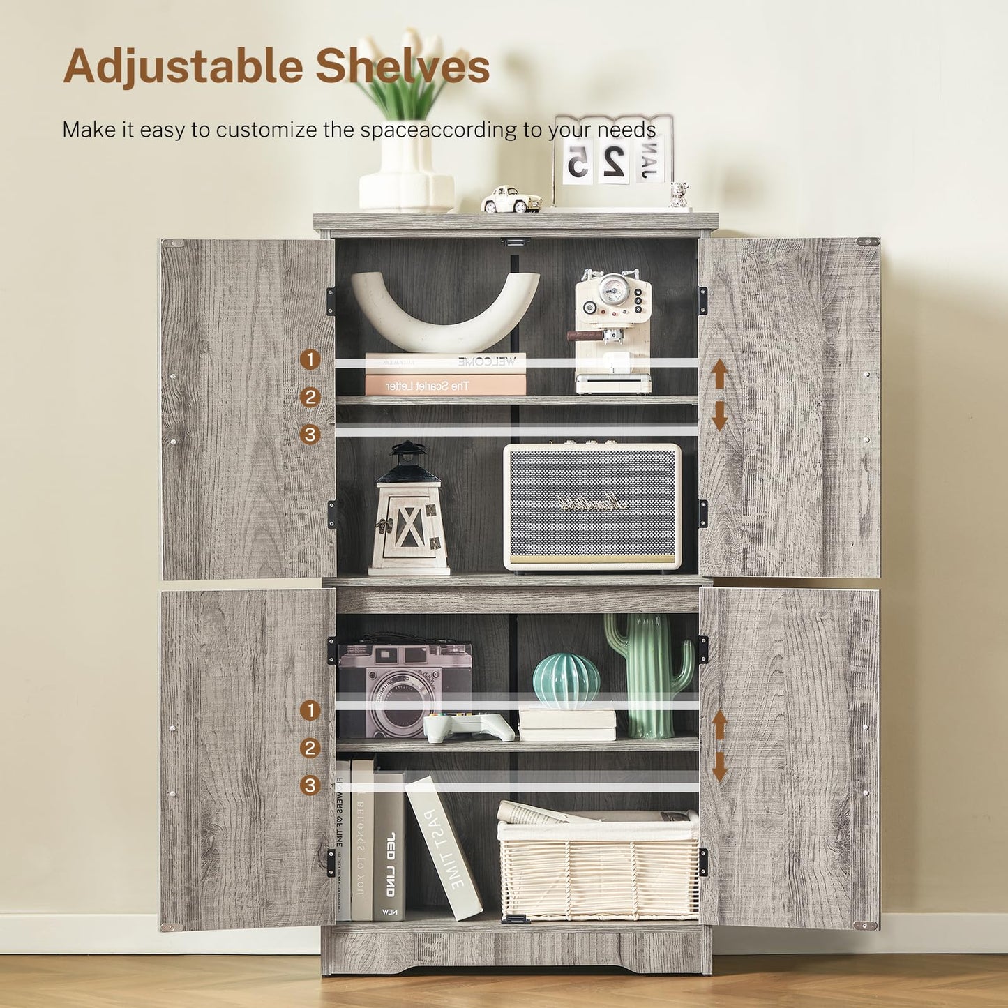 TEENFON Farmhouse Storage Cabinet with 2 Adjustable Shelves, Bathroom Cabinet with 4 Doors, Cupboard for Kitchen, Living Room, Rustic Gray