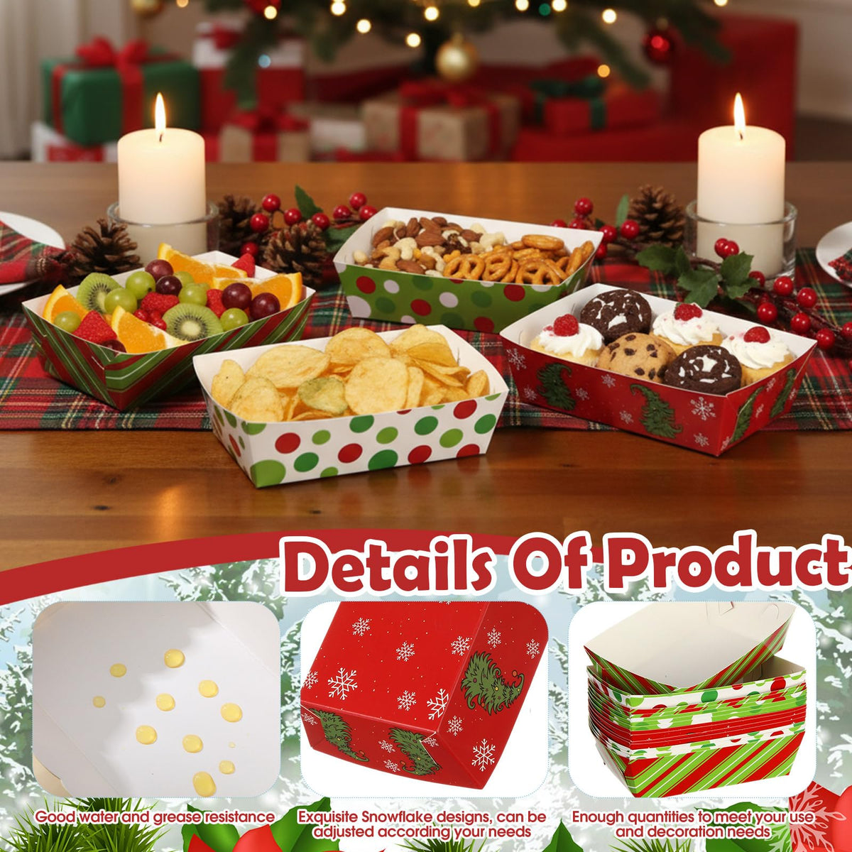Dunzoom 24 Pcs Christmas Paper Food Trays Plates Disposable Christmas Movie Snack Trays Santa Elf Snowman Red Green Plates Nacho Hot Dog Serving Boat for Xmas Party Supplies Decoration (Style 2)