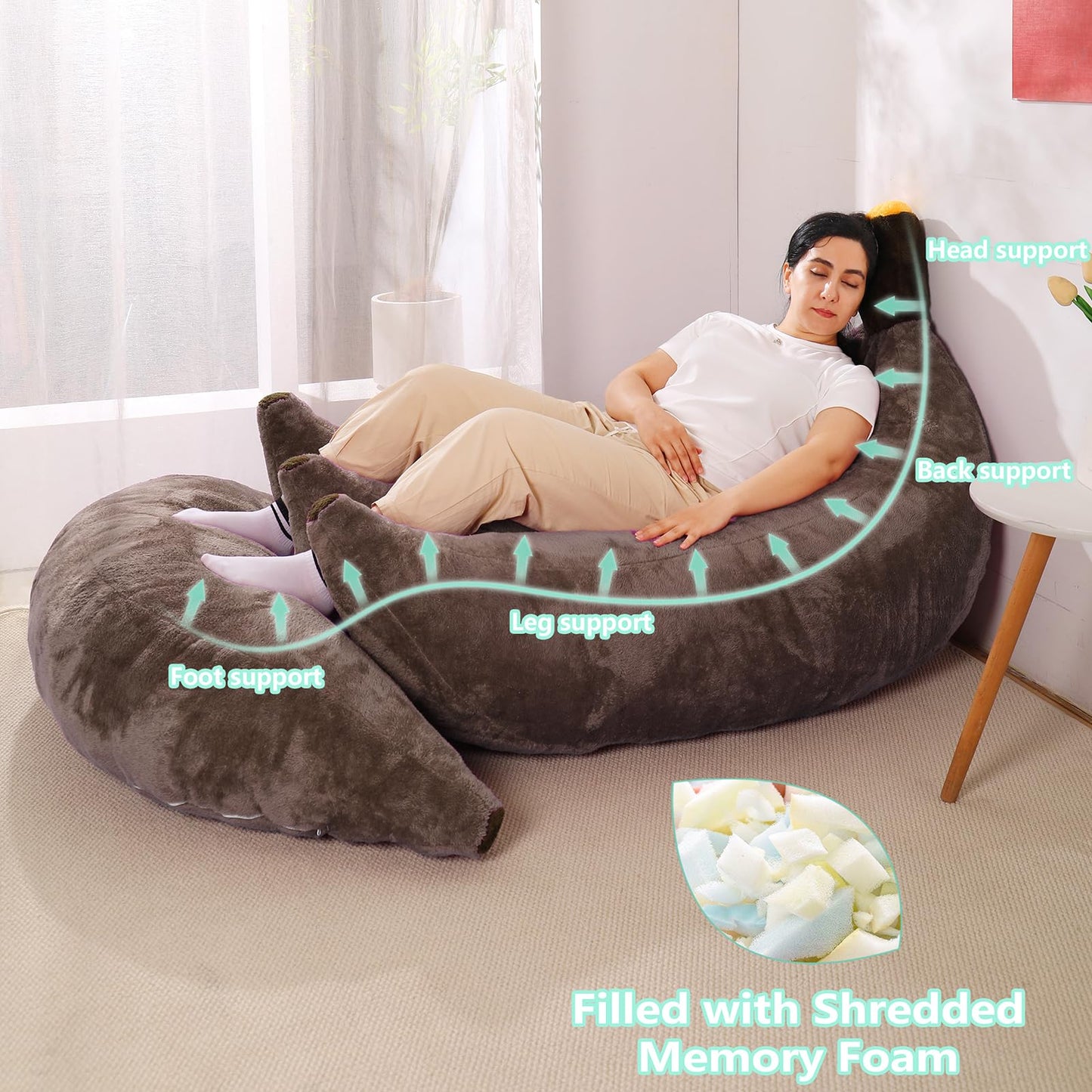 IEVENW Banana Bean Bag Chair with Ottoman, Floor Sofa Bed with Footrest, Comfy Convertible Lounger for Adults, Plush Couch for Bedroom, Living Room or Dorm, L-Coffee
