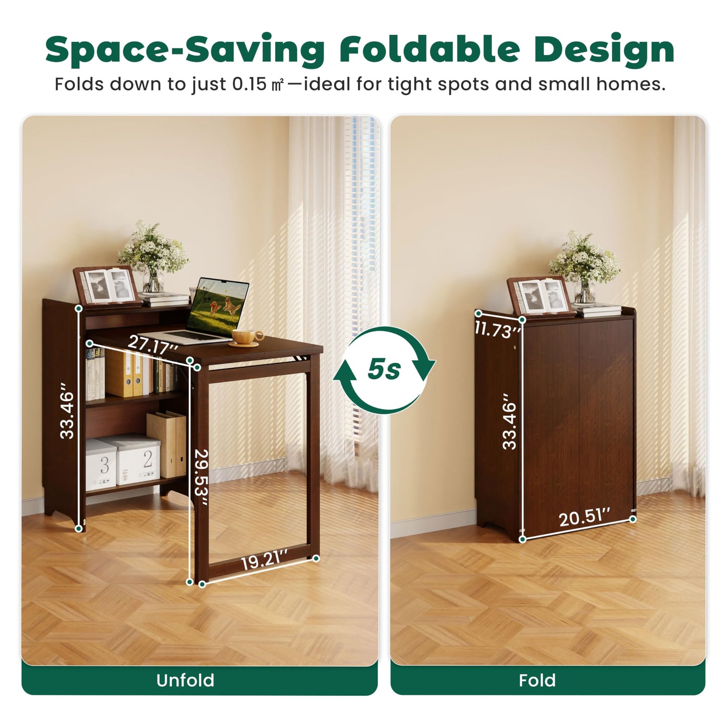 HDDFER Bamboo Folding Desk for Small Spaces,Hidden Desk with Storage Shelf, Foldable Computer Desk for Bedroom Home Office, Mid Century Modern Fold Out Table Writing Table, Walnut