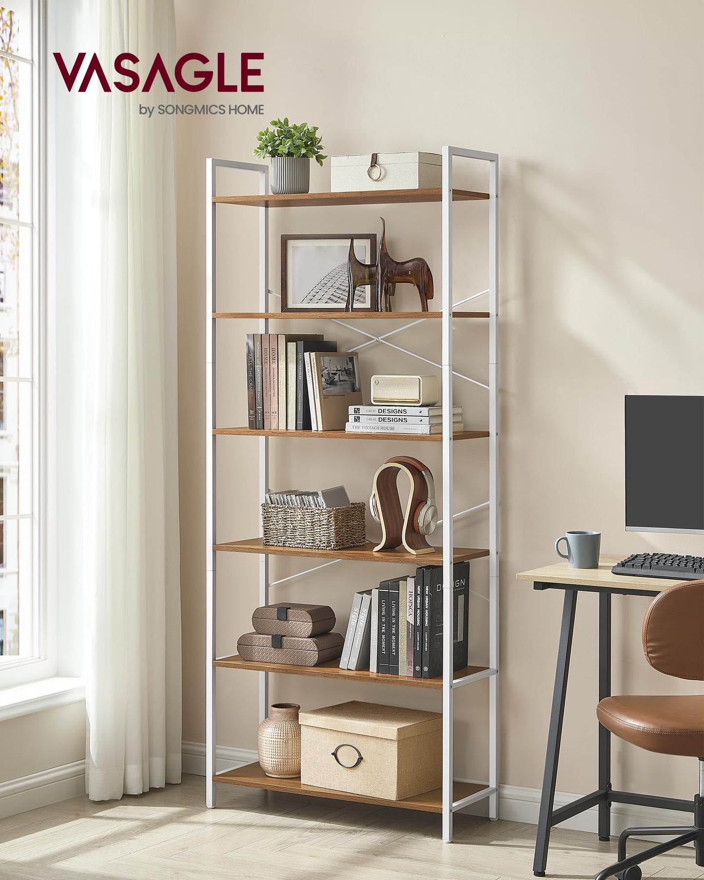 VASAGLE 6-Tier Bookshelf, Bookcase with Steel Frame, Book Shelf for Living Room, Home Office, Study, 11.8 x 31.5 x 73.2 Inches, Industrial Style, Honey Brown and Cloud White ULLS082K01