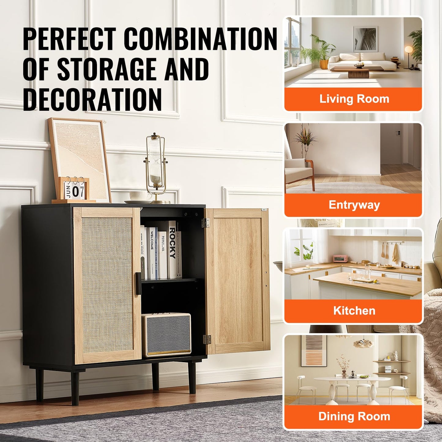VEVOR Rattan Cabinet, Buffet Cabinet with Storage, Storage Cabinet with 2 Magnetic Doors and Adjustable Shelves, Sideboard Buffet for Hallway, Entryway, Living Room, or Kitchen, Black