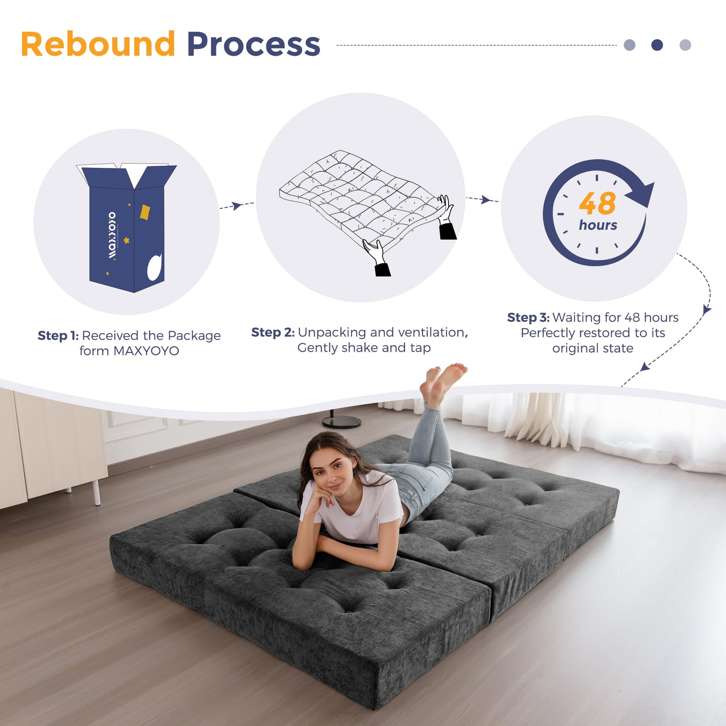 MAXYOYO 6" Folding Sofa Bed for Floor, Tufted Tri-Fold Floor Mattress with Chenille Fabric, Full Size Portable Sofa Couch Guest Mat for Adults, Foldable Topper for Camping, Dark Grey, 53"x75"