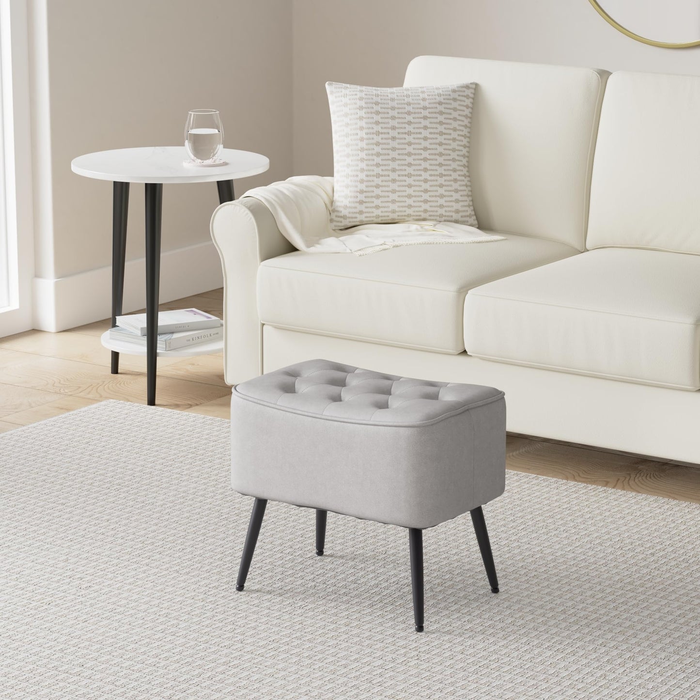 BIRDROCK HOME Tufted Curve Ottoman Velvet Foot Stool - Modern Upholstered Padded Footrest for Living Room or Bedroom - Small Cushioned Accent Chair for Couch, Sofa, or Large Seating (Grey)