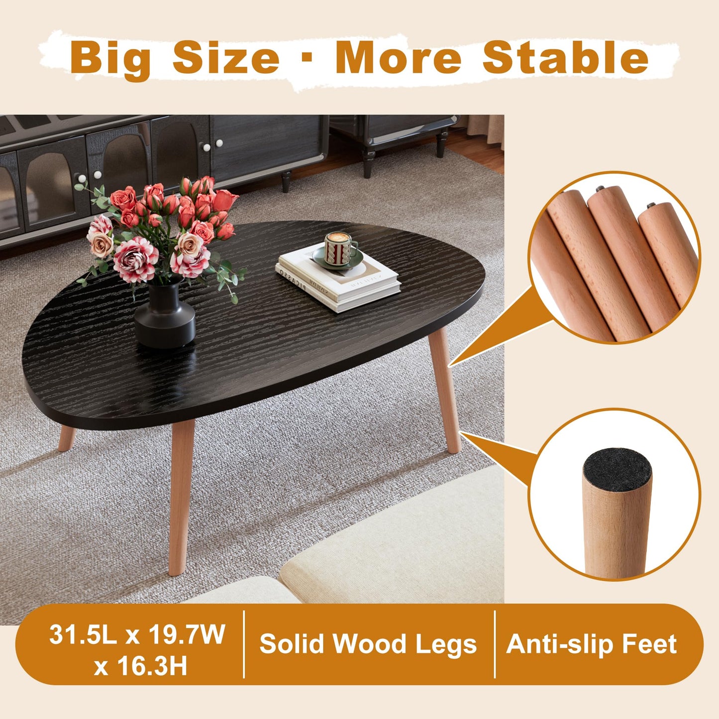 Coffee Table, 31.5“ Low Coffee Tables with Solid Wood Legs, Floor Table Desk for Sitting on The Floor, Easy Assembly Small Japanese Coffee Table for Living Room, Apartment, Office (Large Tri Black)
