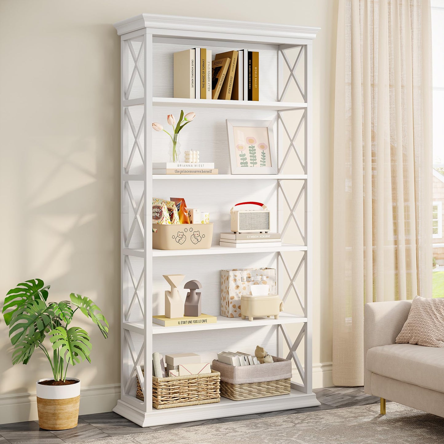 Tribesigns 6-Tier Bookcase, 71 Inches Industrial Bookshelves and Bookcases, Floor Standing 5 Shelf Display Storage Shelves Tall Bookcase for Home Office, Living Room, Bed Room, White