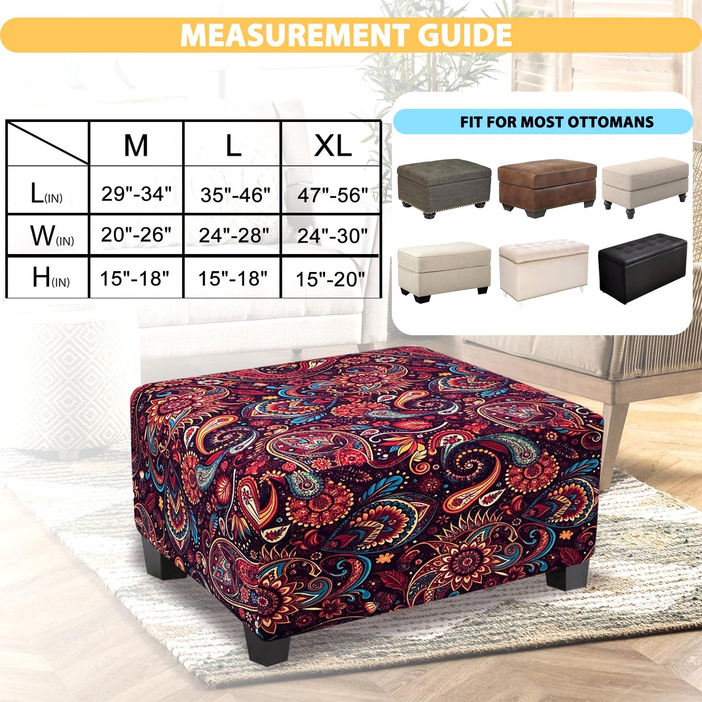 TOPHMDECOR Ottoman Cover Rectangle Printed,Stretch Footstool Slipcover with Elastic Bottom,Soft Fabric Protector for Rectangular Ottoman in Living Room or Bedroom,Medium,Flower E