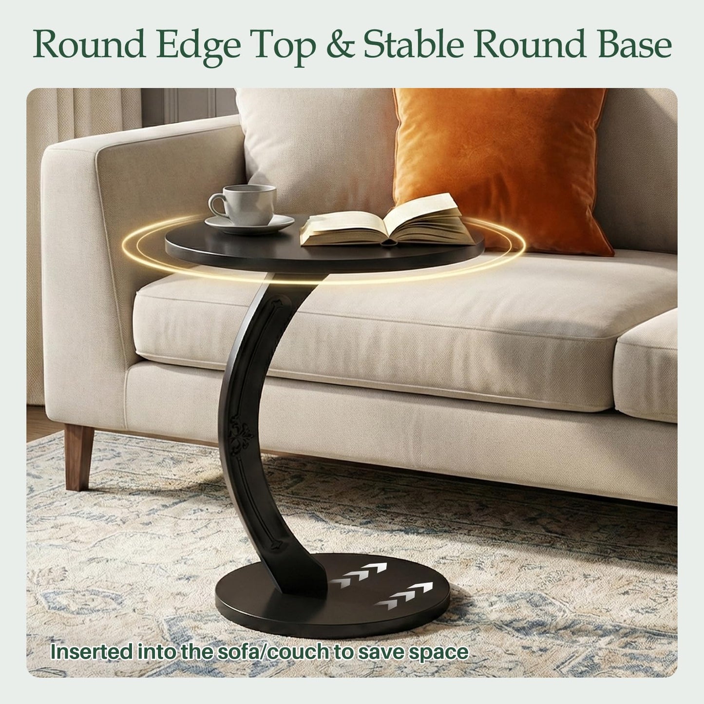 MYOTA C-Shaped End Table for Couch - Round Small C Side Table, Handmade Solid Wood Sofa Couch Tables that Slide Under Bedside, Saving Space Wooden Tray for Living Room, Bedroom, Small Space (Black)