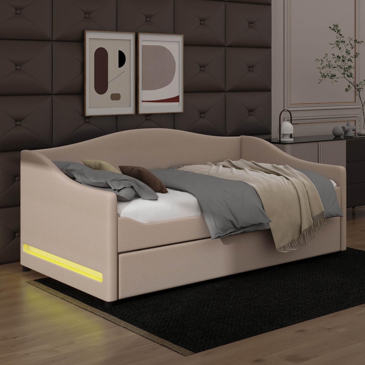 YunNianYang Teddy Fleece Upholstered Daybed with Light and Trundle (Beige, Twin)