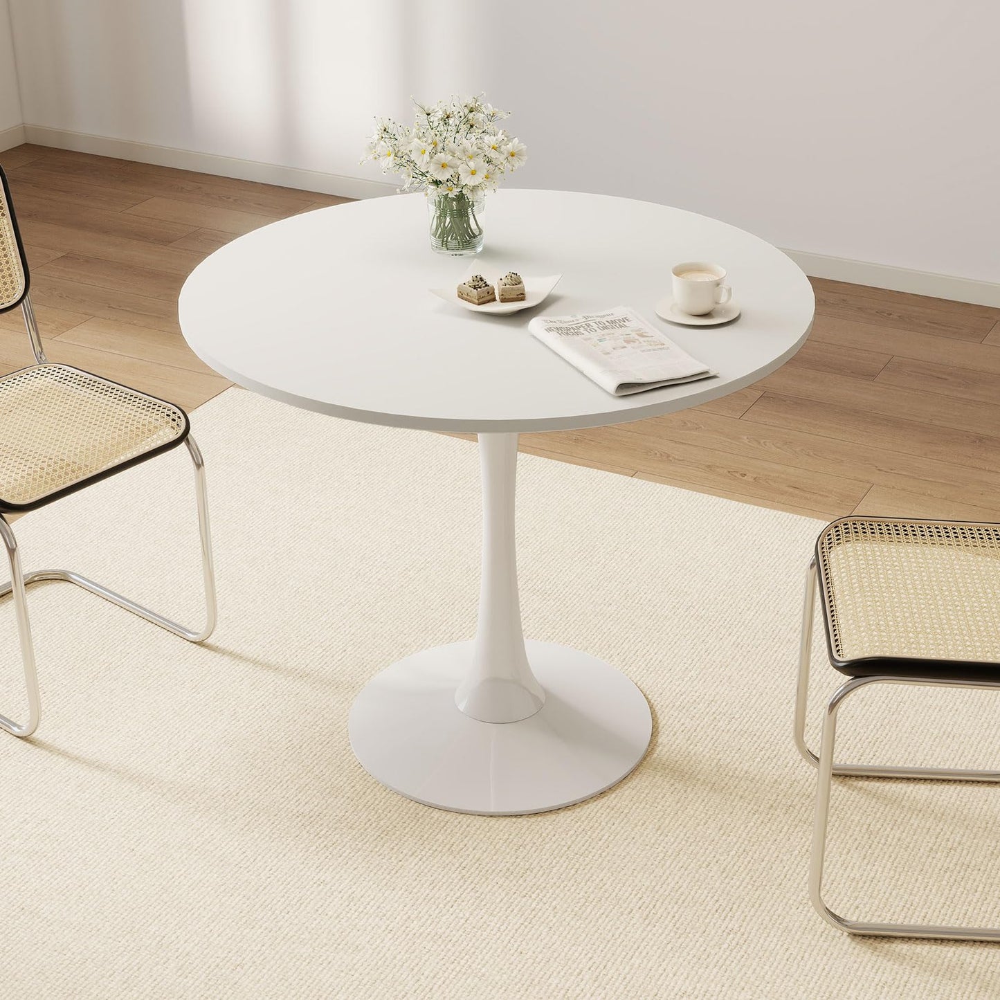 Permory 27.5" White Round Dining Table, MDF Top with Metal Pedestal Base, Modern Accent Table for Small Spaces, Kitchen, Dining Room & Living Room