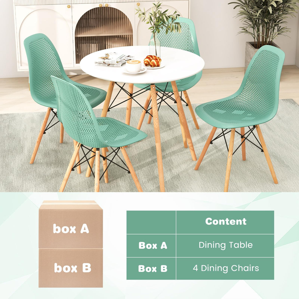 Giantex Round Dining Table Set for 4, 31.5" Kitchen Table and Chairs with Solid Wood Legs, Mesh Plastic Seats, Metal Frame, Space Saving Dinette Set for Apartment, Home Office (White+Green)