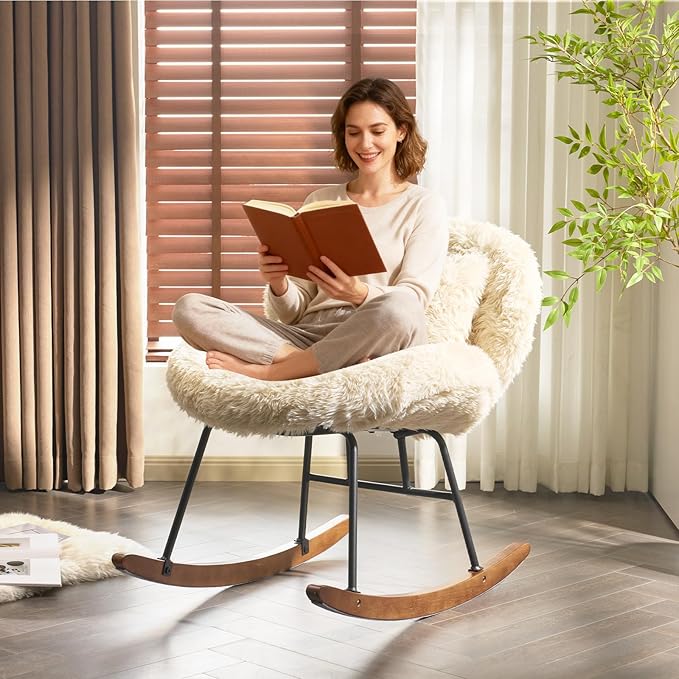 VINGLI 25.6" Extra Wide Criss Cross Nursery Rocking Chair, Cute Curved 115°
