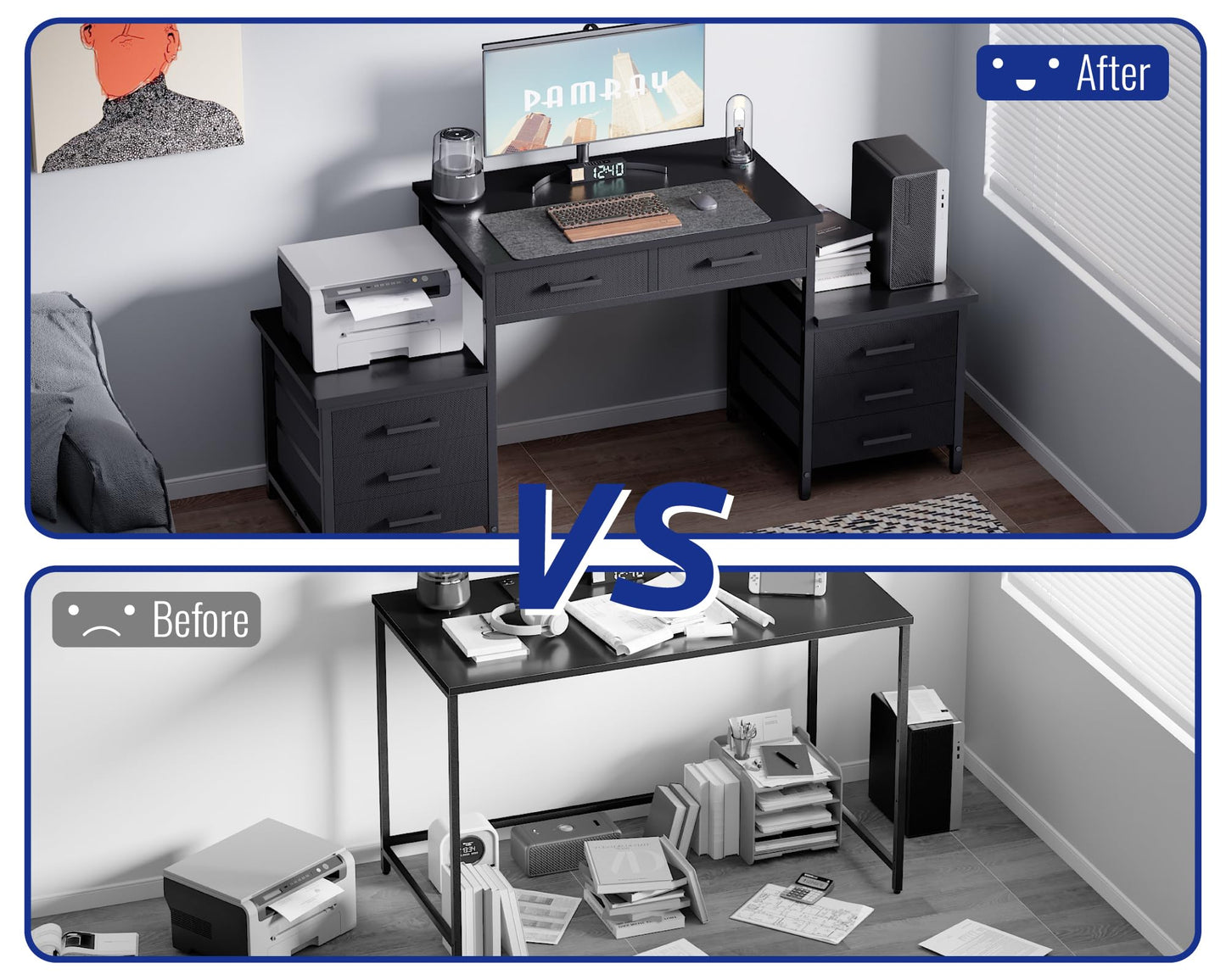 Pamray 63 Inch Computer Desk with 8 Drawers and Printer Shelves for Office