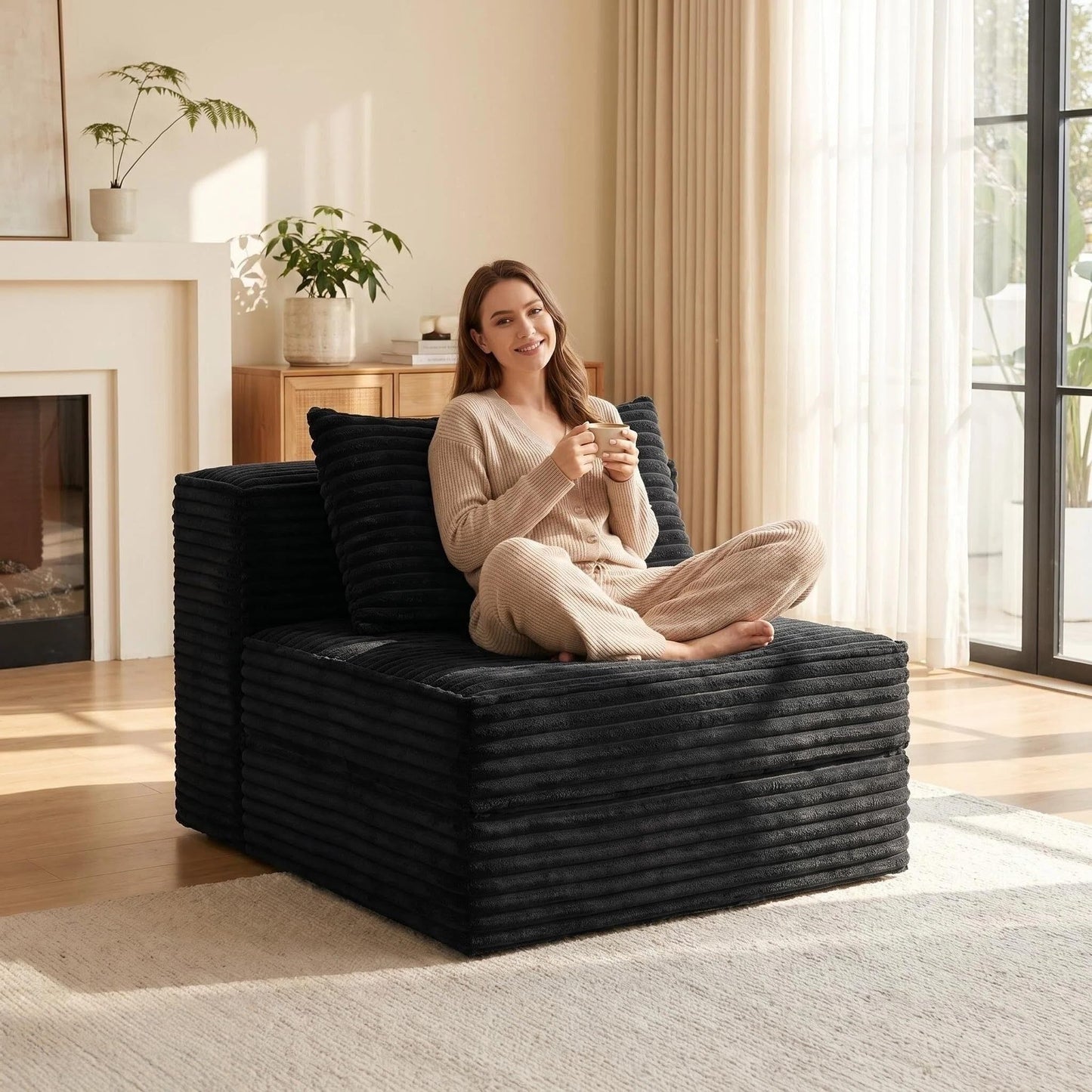 TIRUSS Black 38.58'' Armless Middle Modular Sofa Module, Boneless Fluffy Corduroy Cloud Chair, Detachable Sectional Couch Seat for Living Room Small Spaces