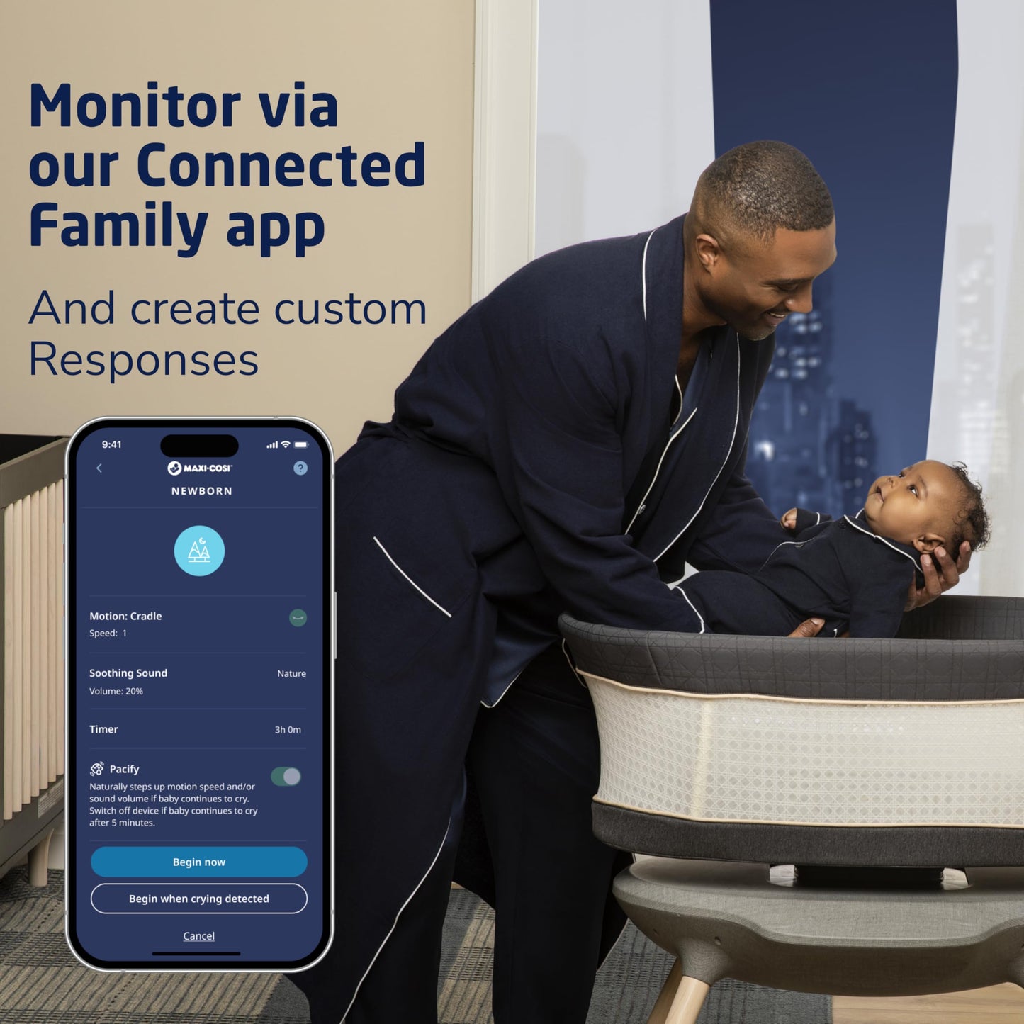 Maxi-Cosi Starling Smart Bassinet, CryAssist AI Cry Translation, 5 Rocking Motions, Cozy Mattress Pad, Machine-Washable Cover, Built-in Bluetooth Speaker, Onyx Heritage, Baby Bassinet Rocking