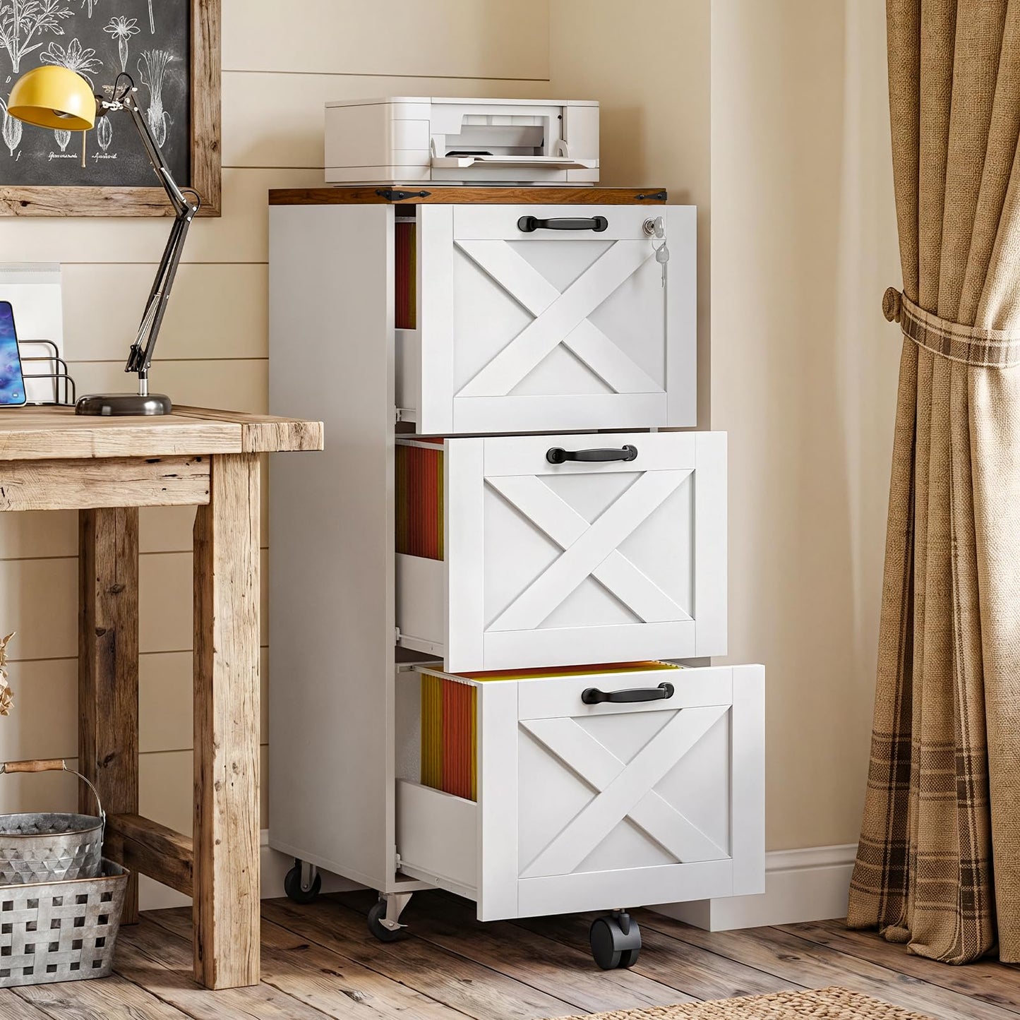 HOOBRO 3 Drawer File Cabinet with Lock, Mobile Filing Cabinet for Home Office, Wooden Farmhouse Office Storage Cabinet, Printer Stand Fits Letter and A4 Size, Walnut and White WH93WJ01G1