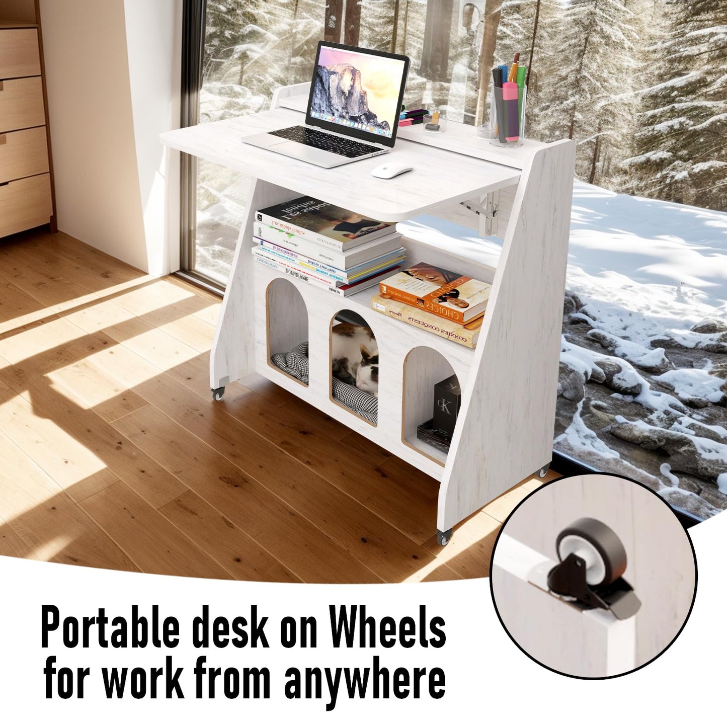 Pmnianhua Farmhouse Portable Desk on Wheels,Mobile Workstation,Rolling Computer Desk with Wheels and Storage for Home Office Small Space(White)